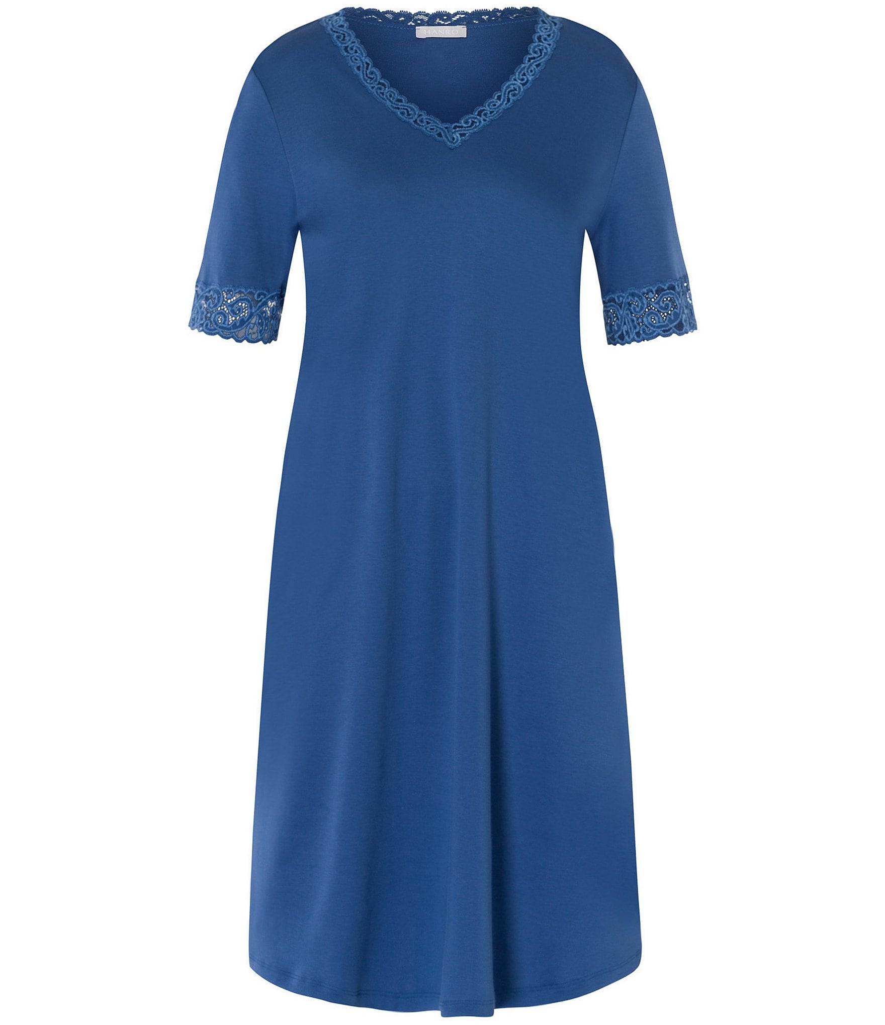 Hanro Moments Short Sleeve V-Neck Lace Trim Nightgown