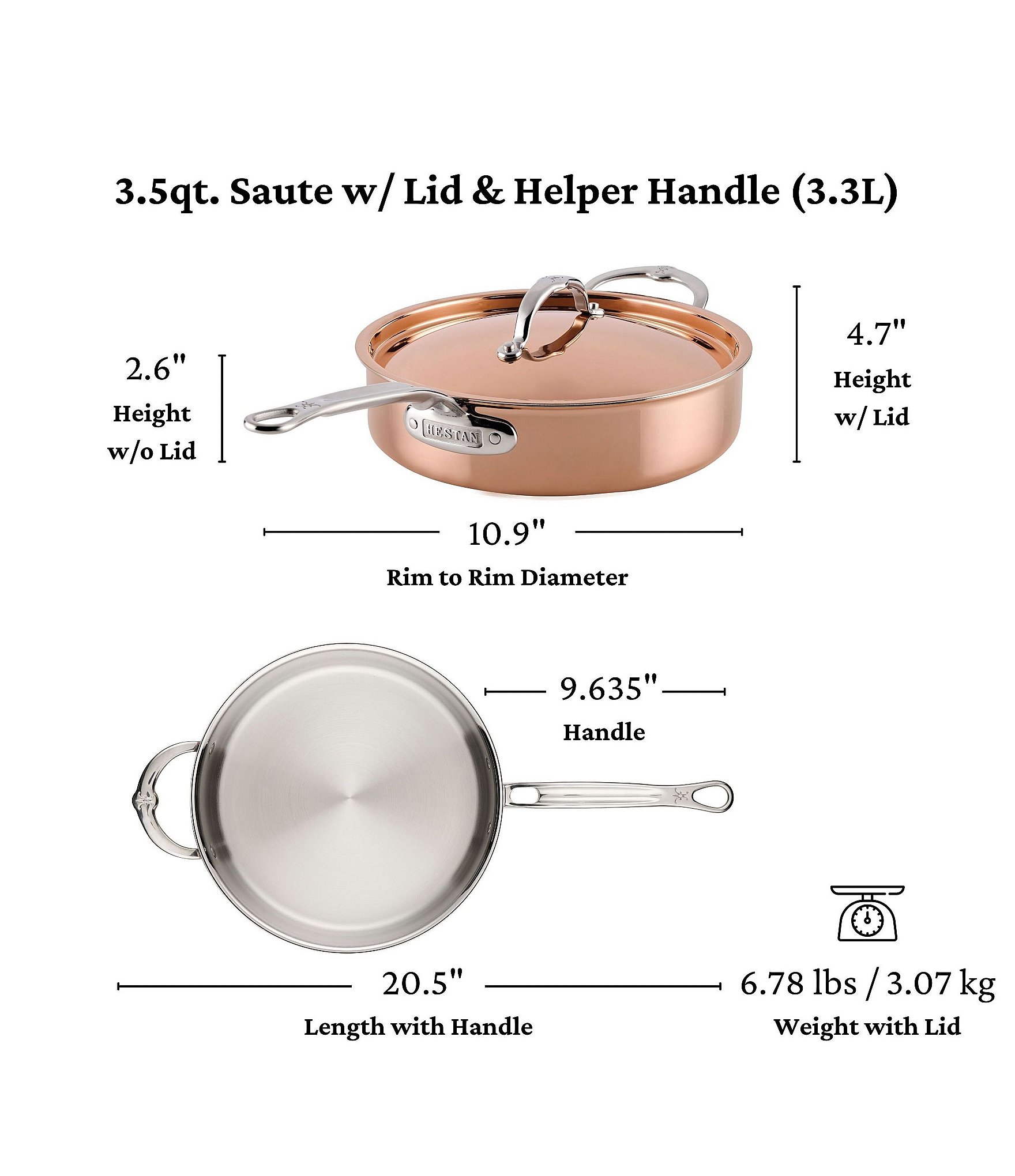 Hestan CopperBond Aura 3.5 Quart Professional Copper Saute Pan With Lid