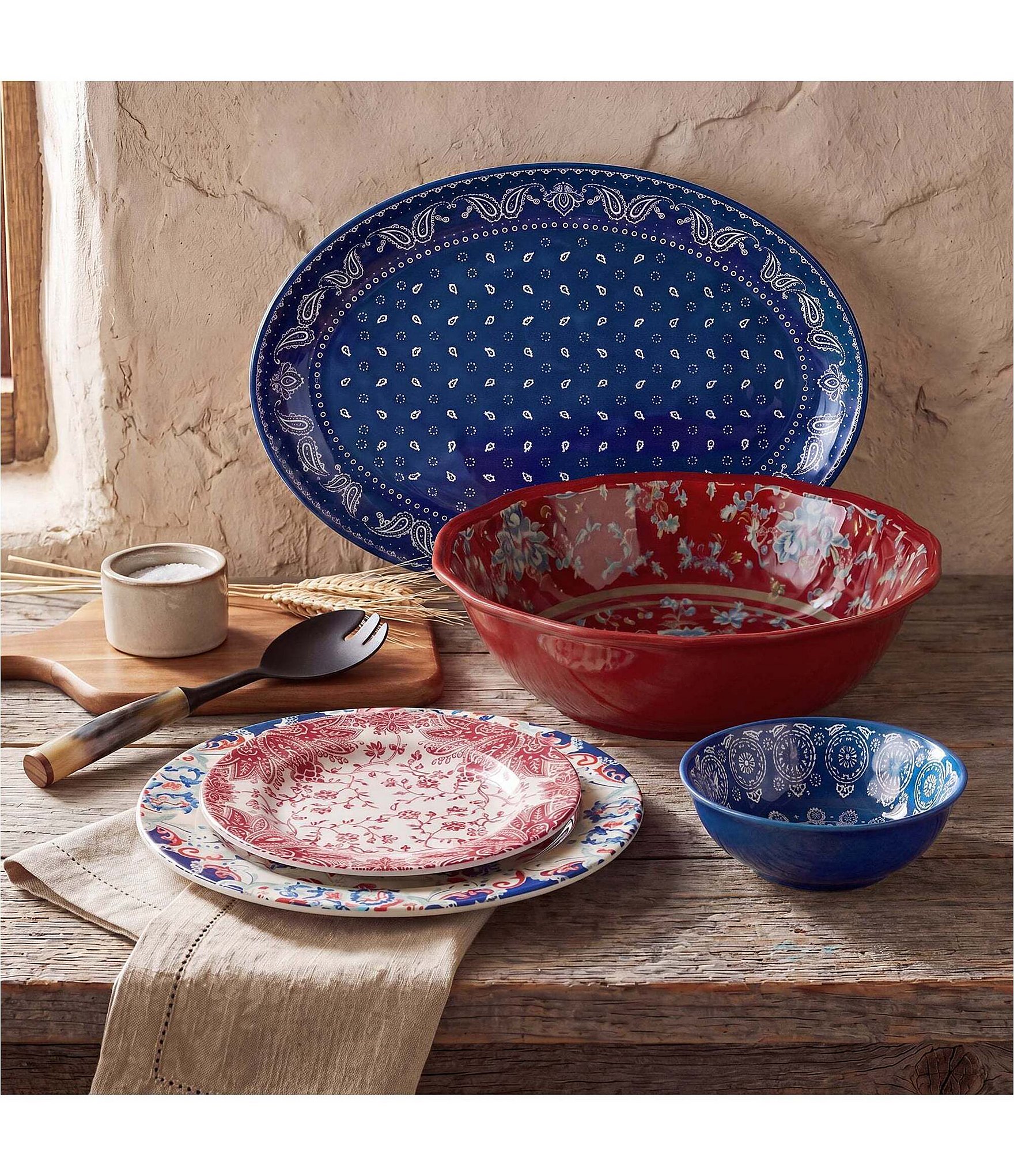HiEnd Accents Paseo Road Collection Patchwork Bandana 14-Piece Melamine Dinnerware Set