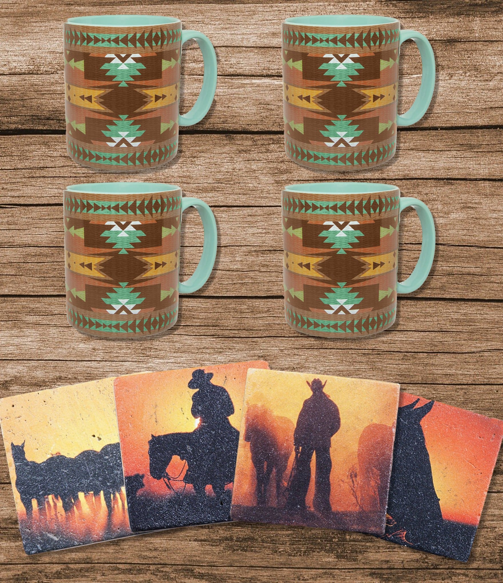 HiEnd Accents Set of 8 Mesa Southwest Mug and Cowboy Sunset Coaster Set