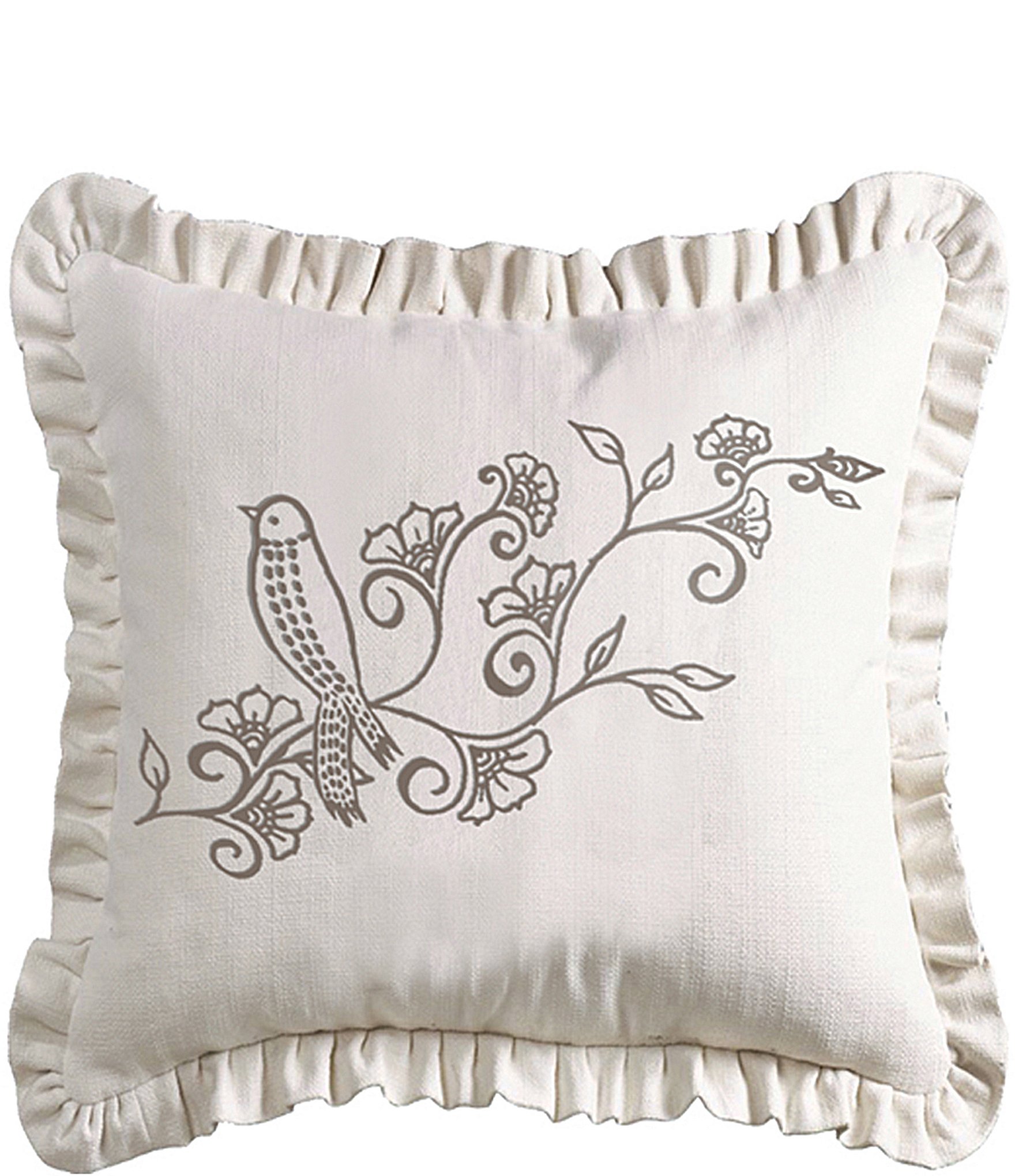 HiEnd Accents Weave Ruffled Bird Floral Embroidered Pillow