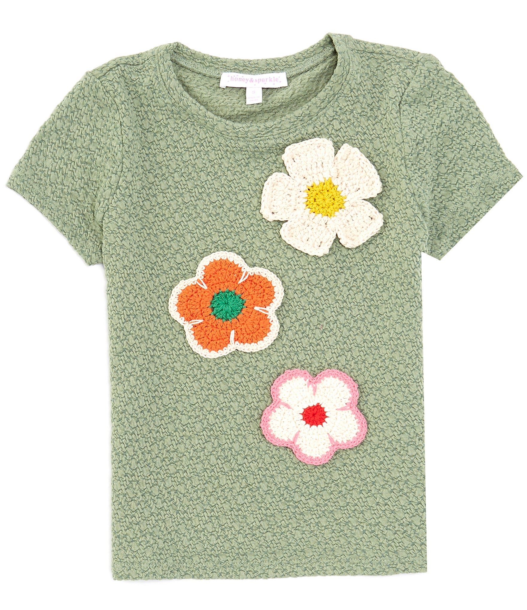 Honey & Sparkle Big Girls 7-16 Short Sleeve 3D Flower Knit Top