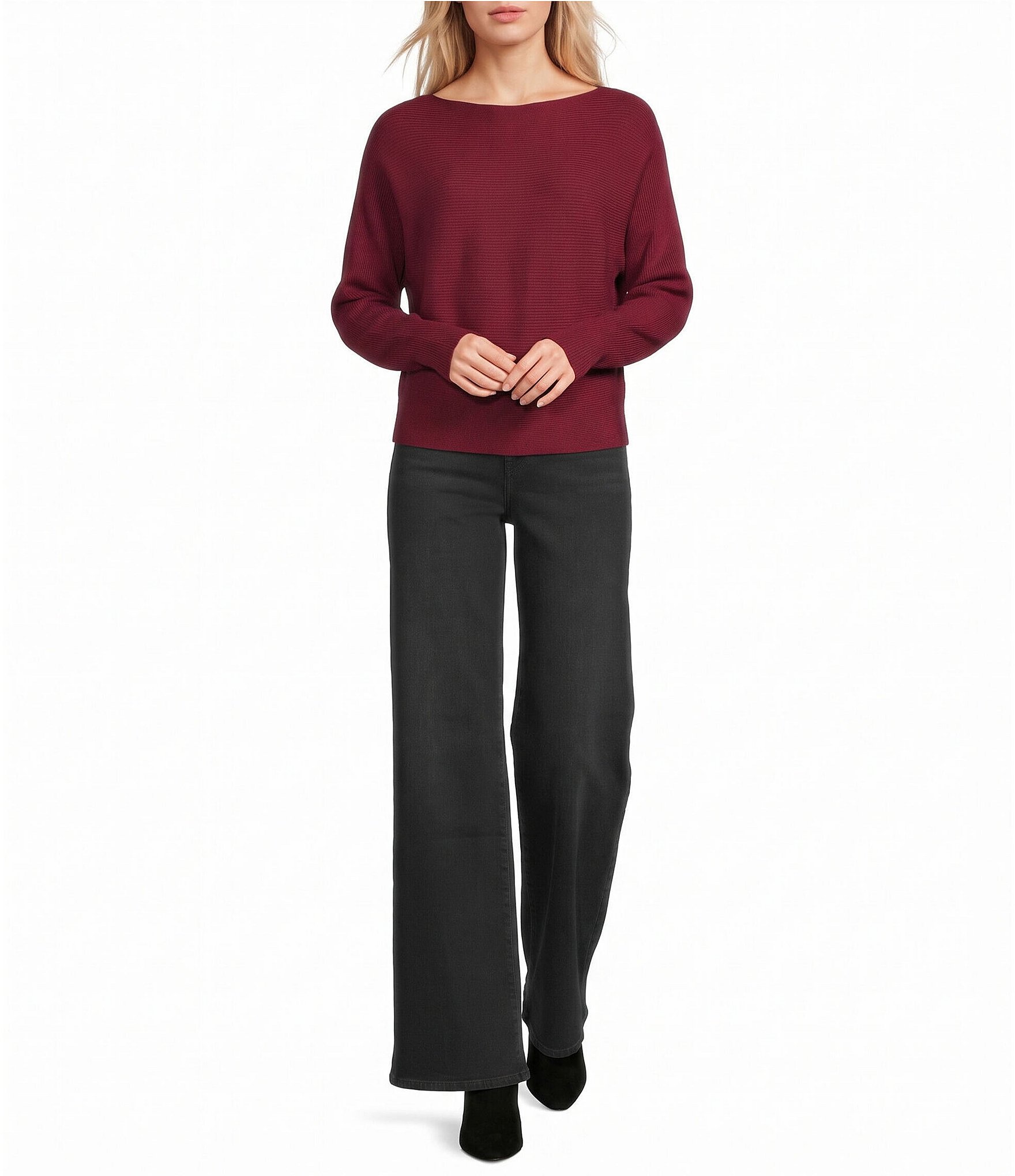 Honey & Sparkle Boat Neck Dolan Sleeve Rib Knit Sweater