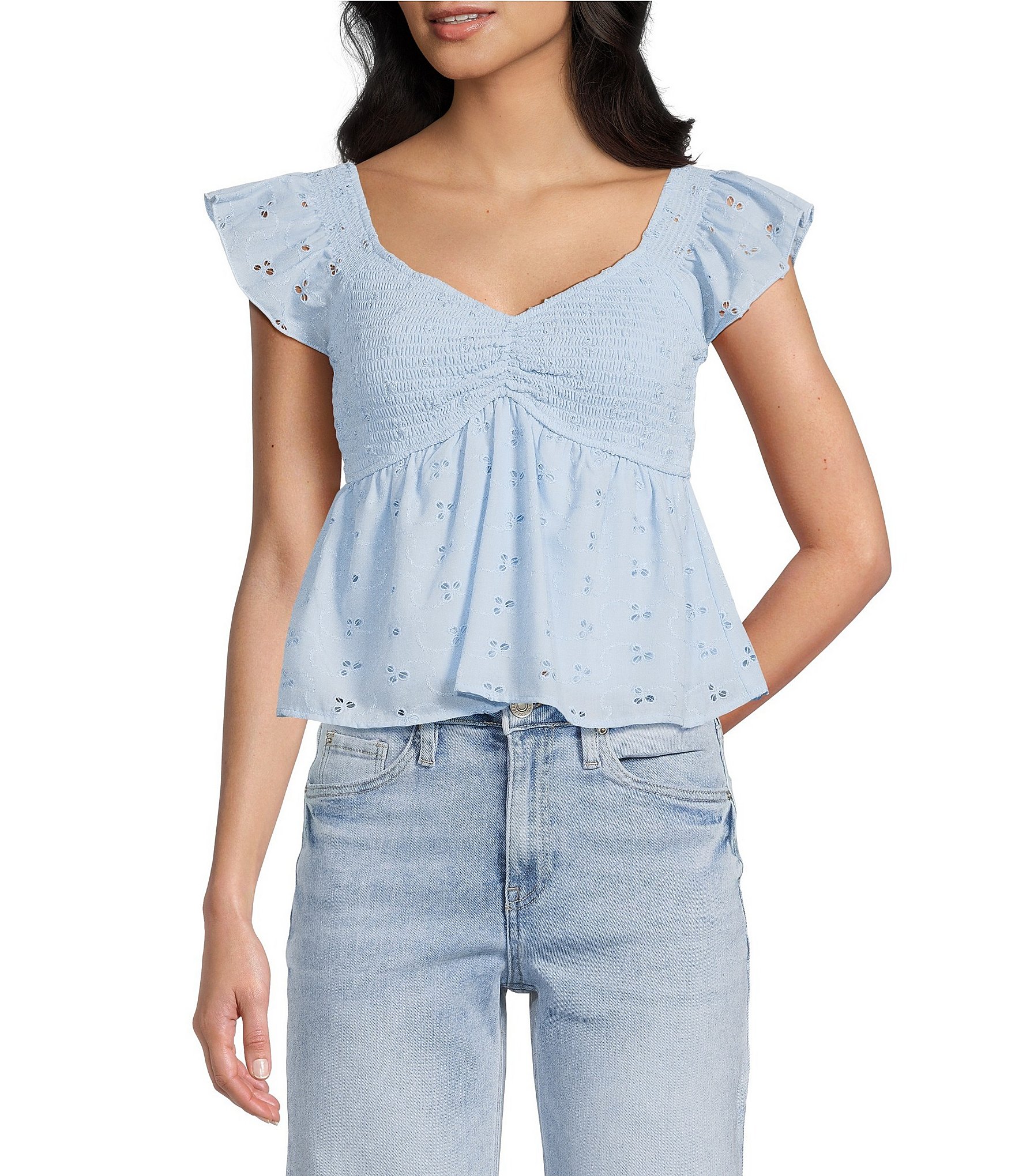 Honey & Sparkle Embroidered Eyelet Smocked Baby Doll Top