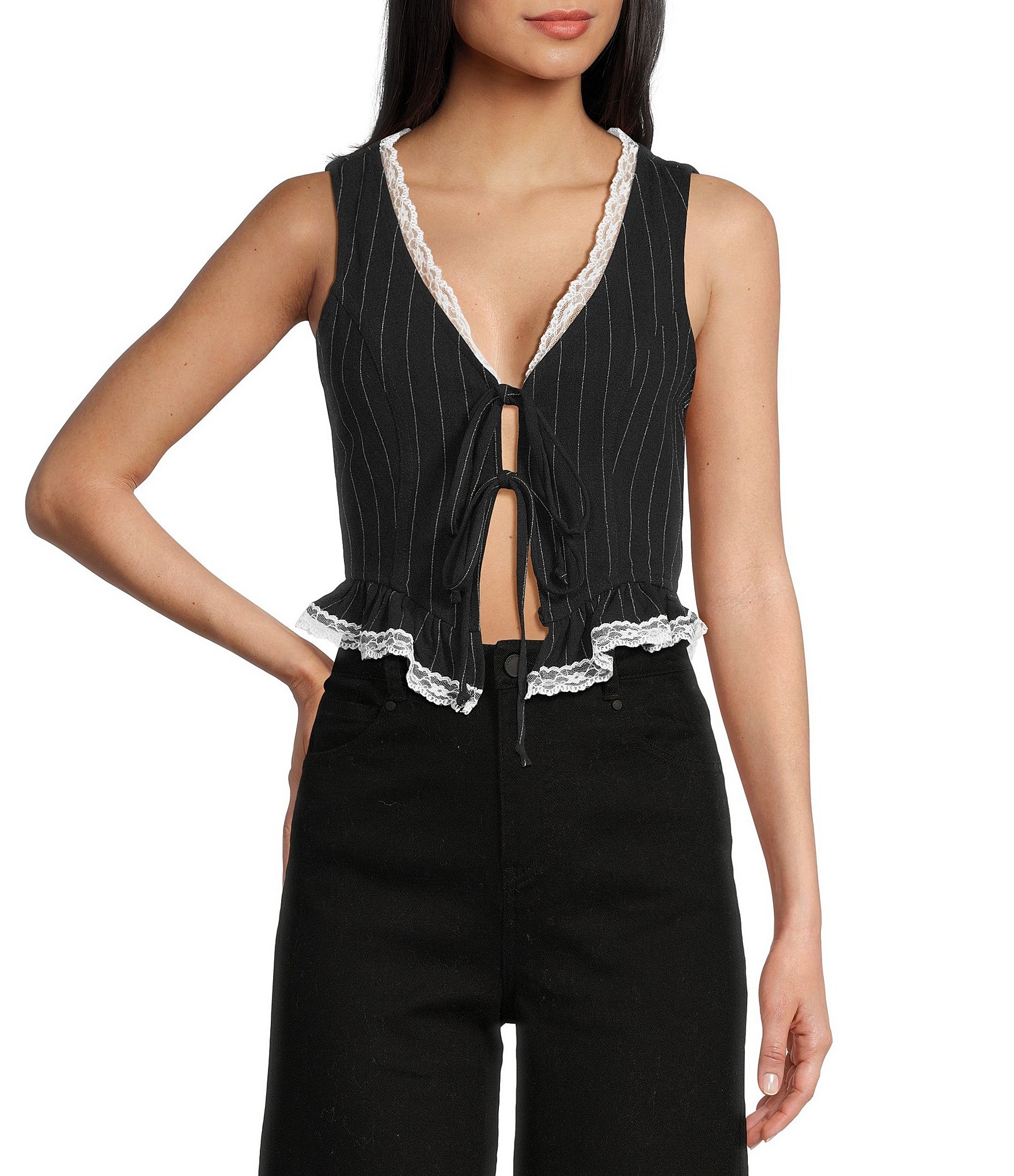 Light Wash Denim Eyelet Lace Trim Tie Front Vest
