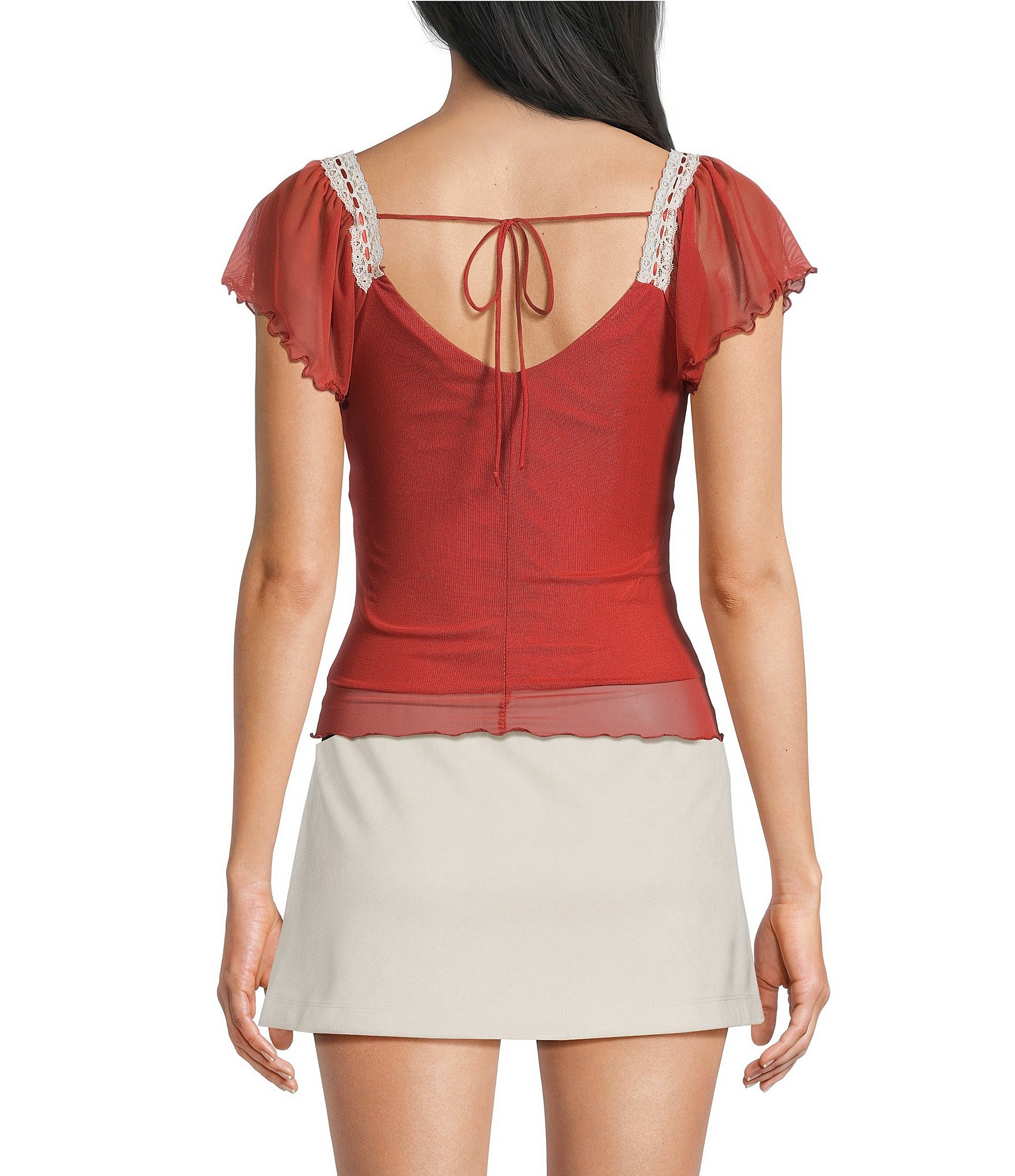 Honey & Sparkle Mesh Short Flutter Sleeve Tie Back Top