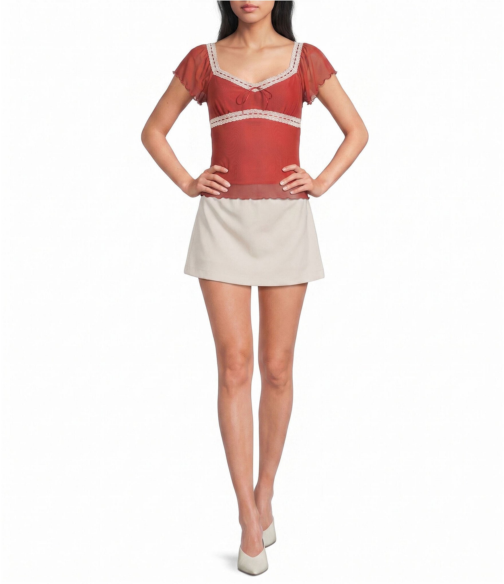 Honey & Sparkle Mesh Short Flutter Sleeve Tie Back Top