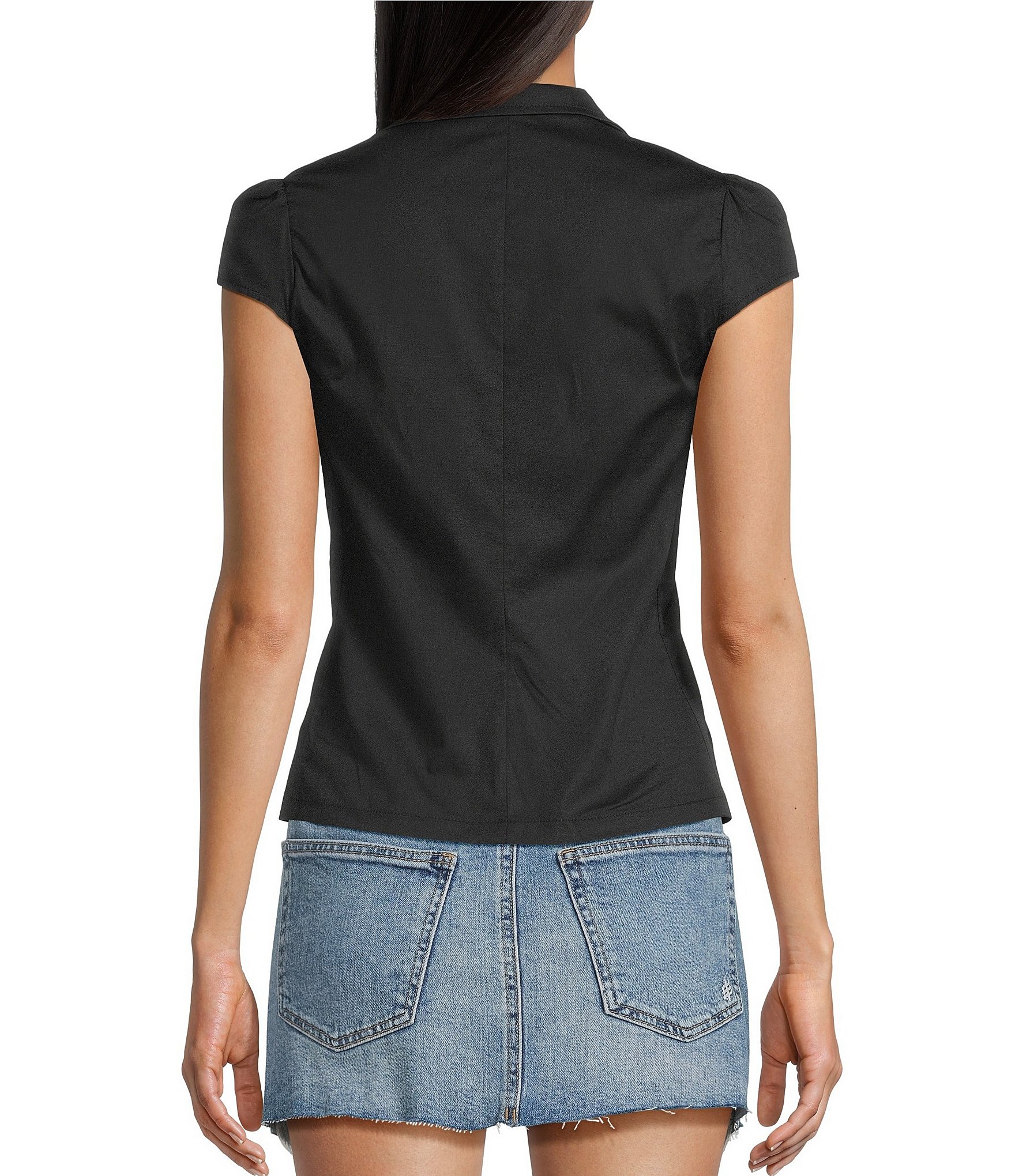 Honey & Sparkle Short Puff Sleeve Point Collar Button Front Top