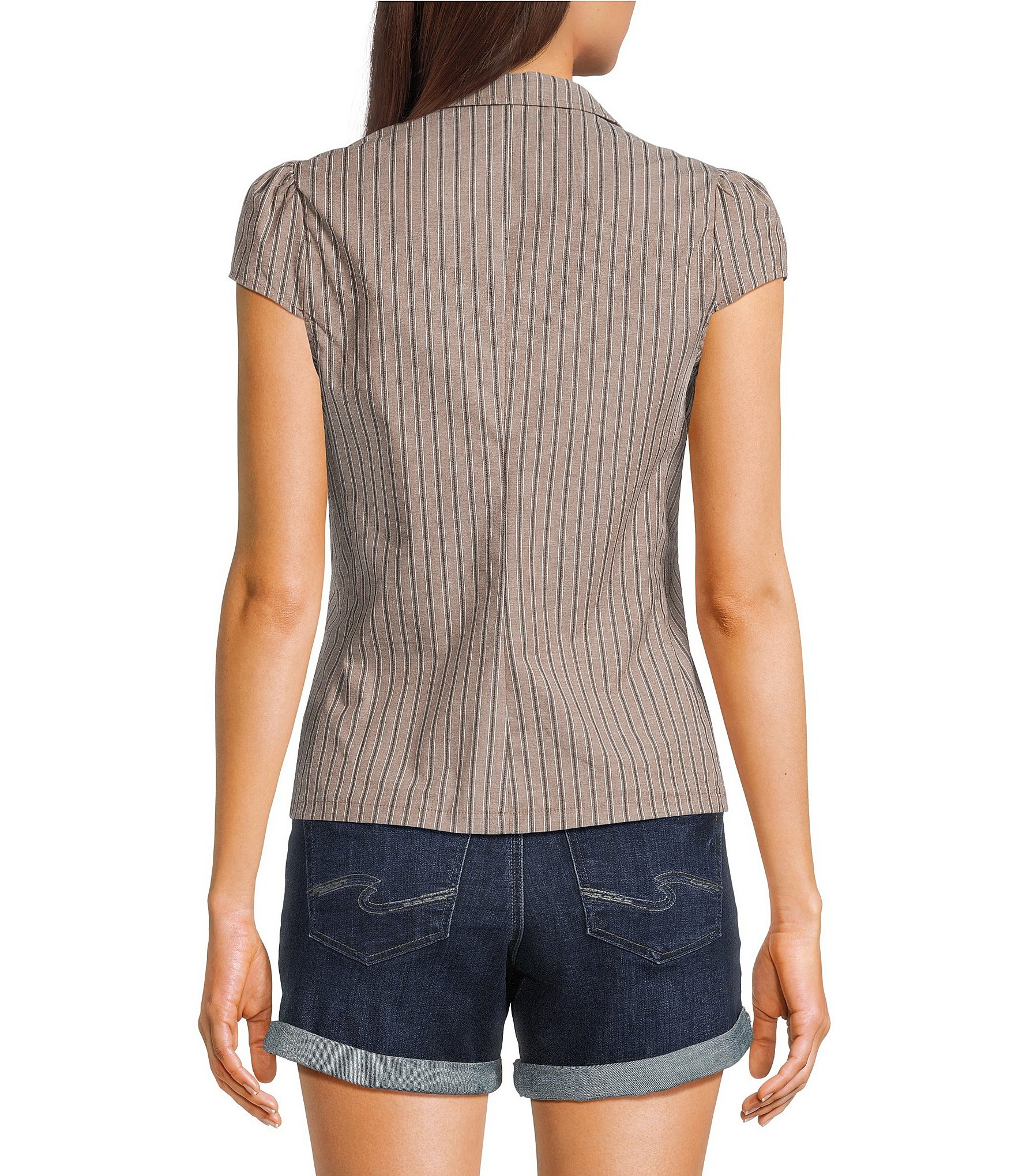 Honey & Sparkle Striped Short Puff Sleeve Collared Button Front Top