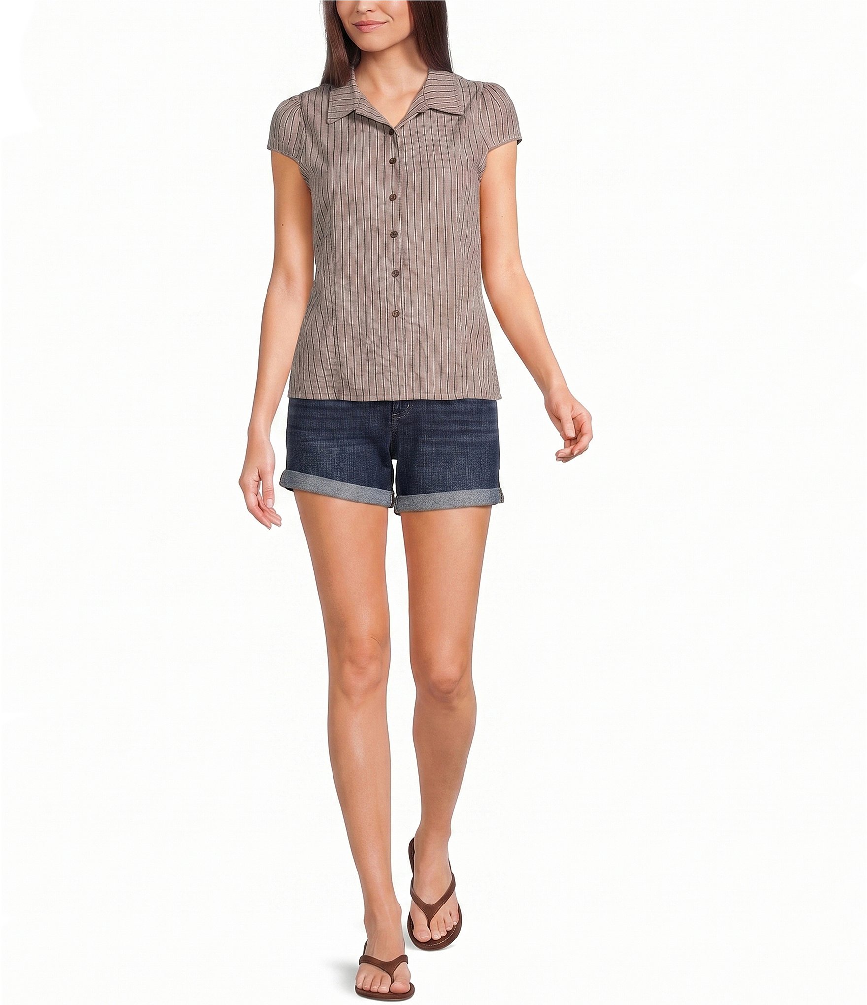 Honey & Sparkle Striped Short Puff Sleeve Collared Button Front Top