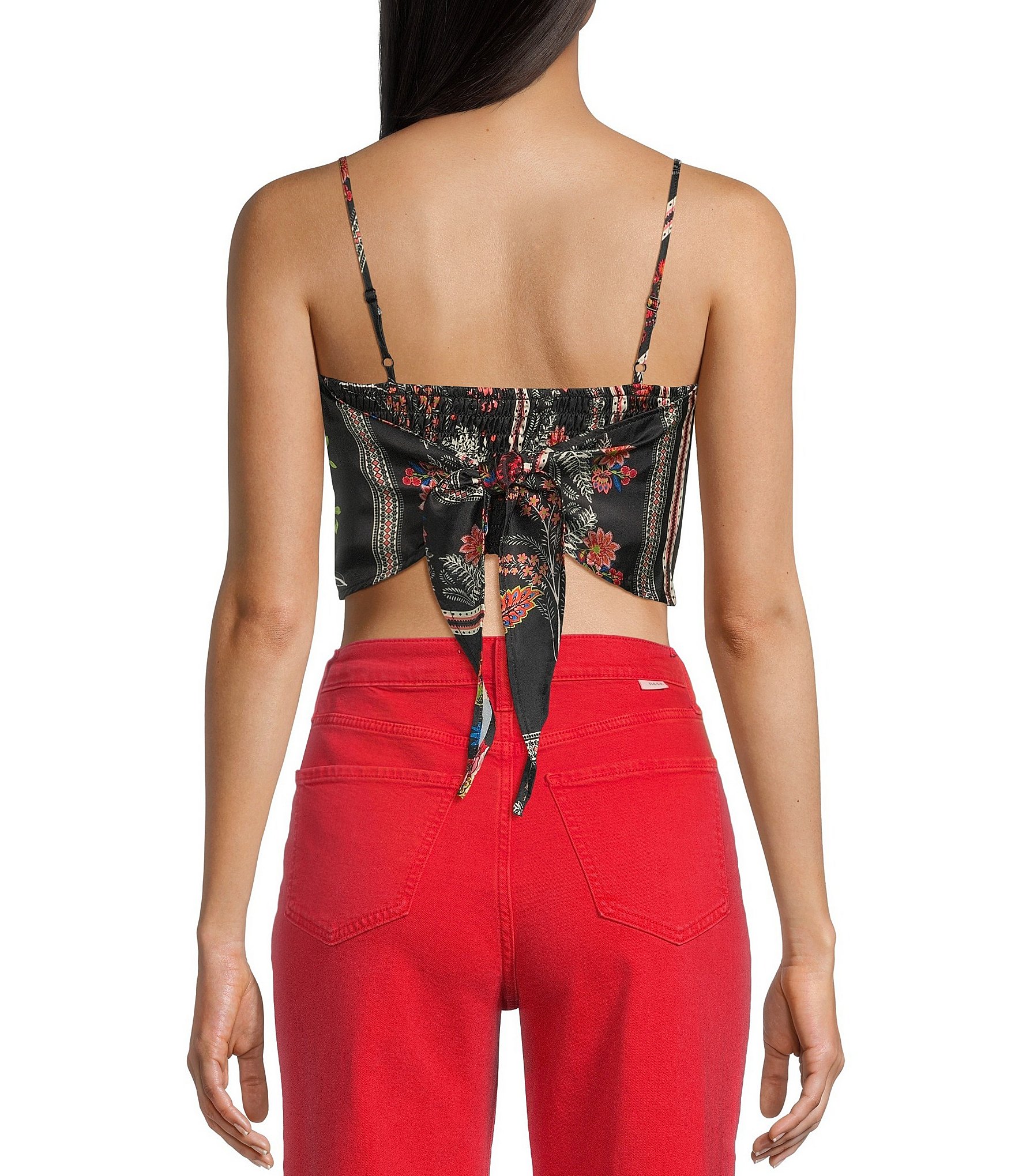 Honey & Sparkle Woven Pattern Satin Spaghetti Strap Hanky Hem Top