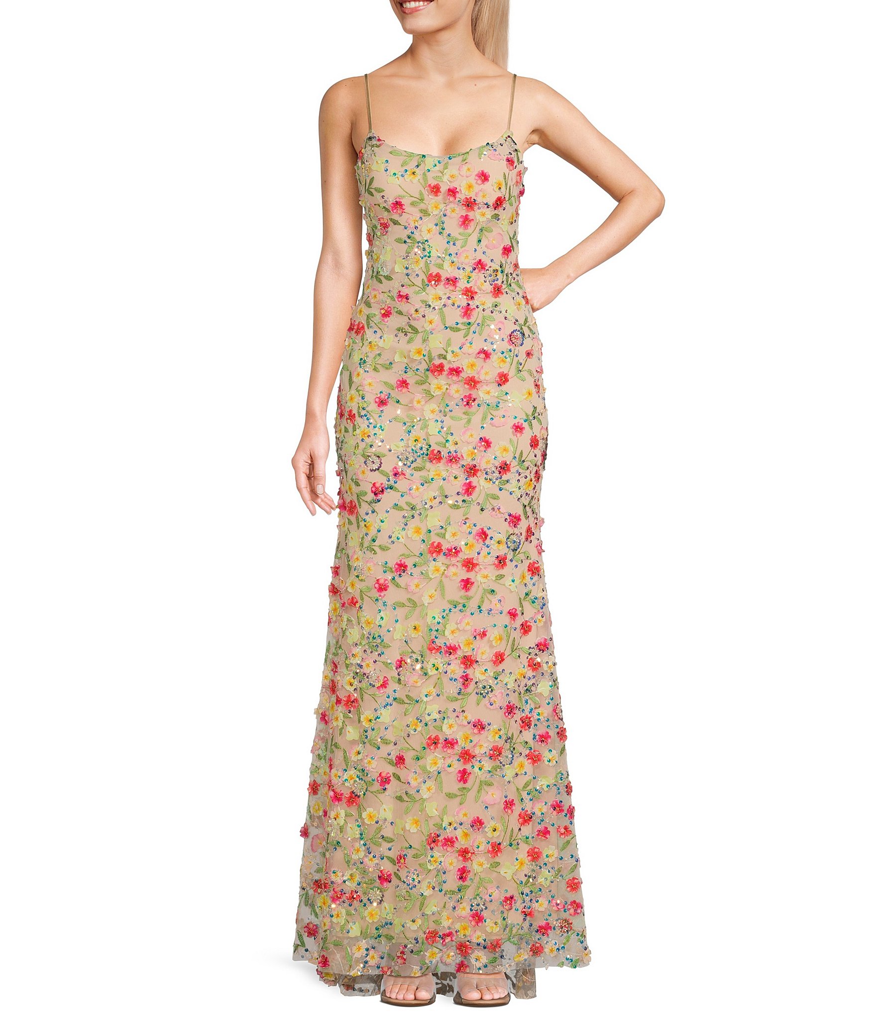 Honey and Rosie 3D Floral Sequin Spaghetti Strap Mermaid Honey and Rosie 3D Floral Sequin Spaghetti Strap Mermaid