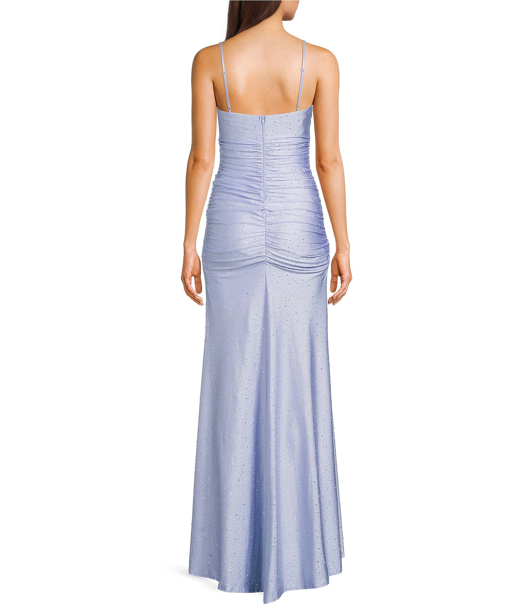 Honey and Rosie Glitter Square Neck Shirred Bust Ruched Side Slit Dress