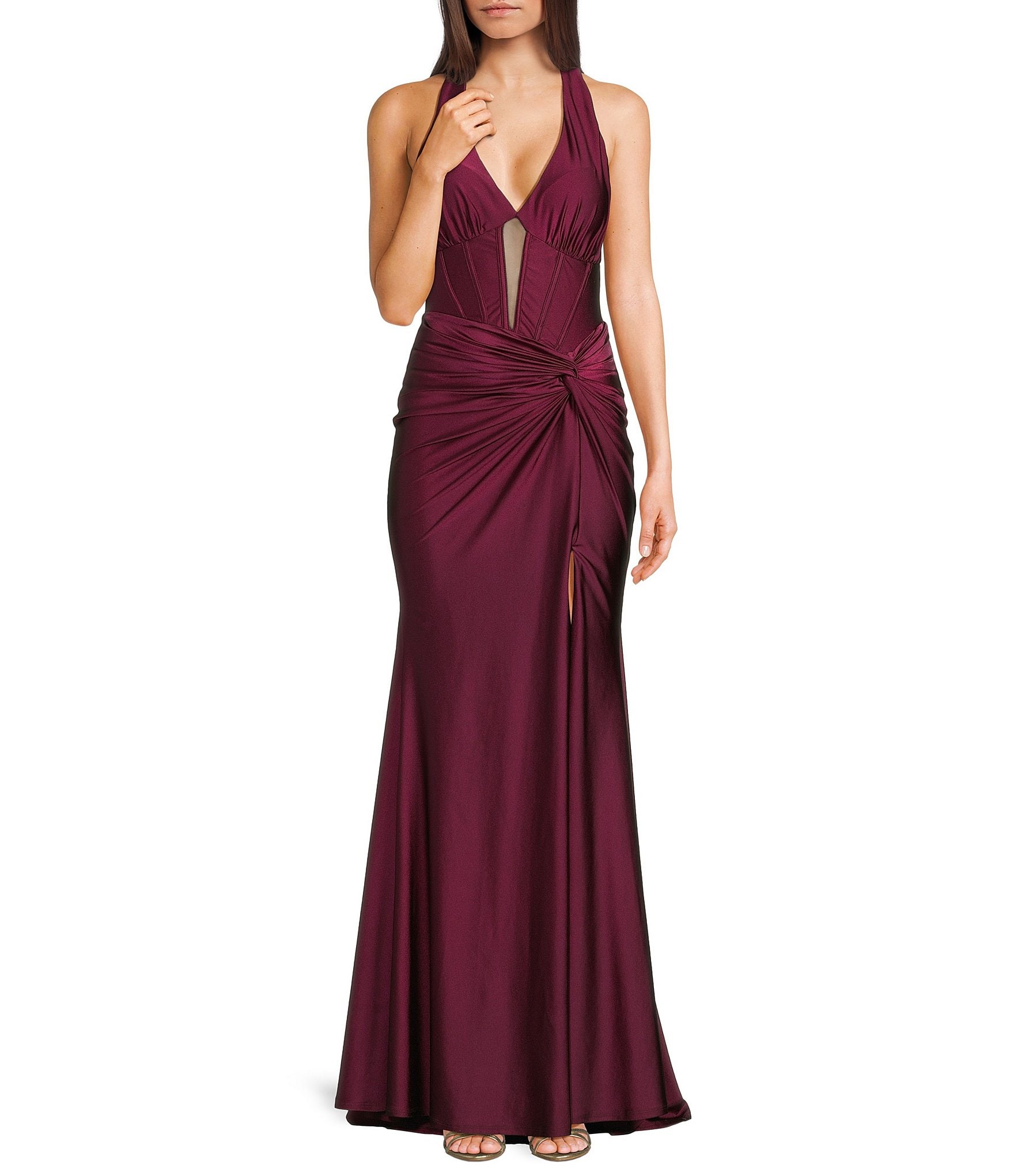 Honey and Rosie Halter Tie Back Neck Illusion Corseted Twist Side Slit Long Dress