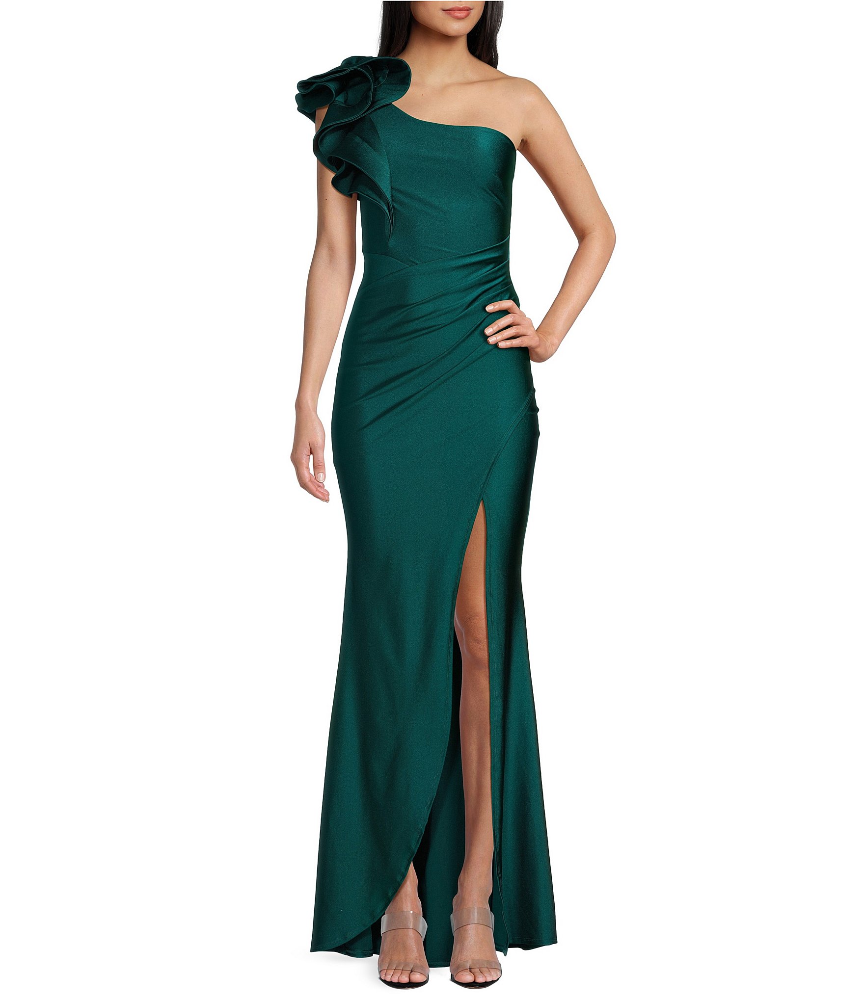 Green one shoulder ruffle dress hotsell