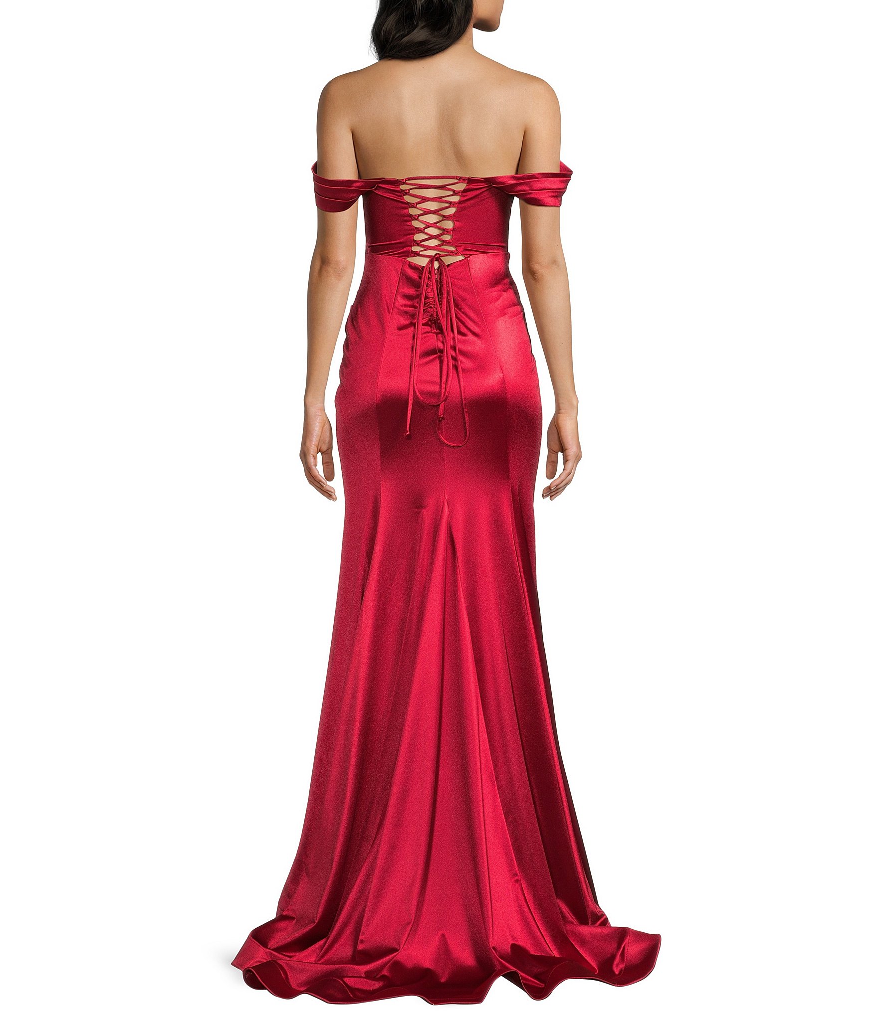 Honey and Rosie Pleated Drape Off The Shoulder Neck Corseted Lace Up Back Train Dress