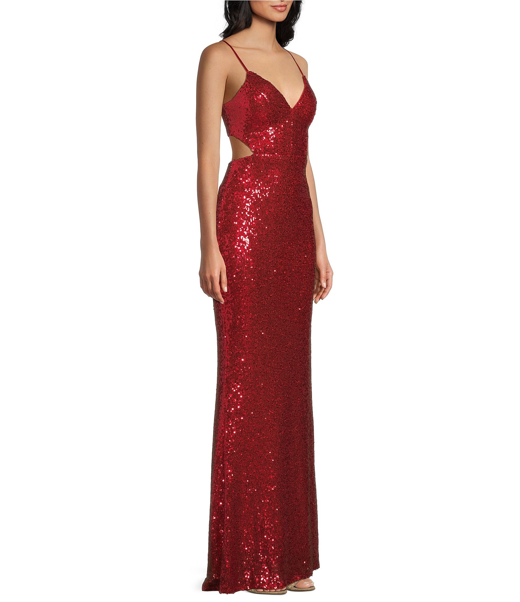 Honey and Rosie Sequin Lace-Up Back Cut-Out Long Dress
