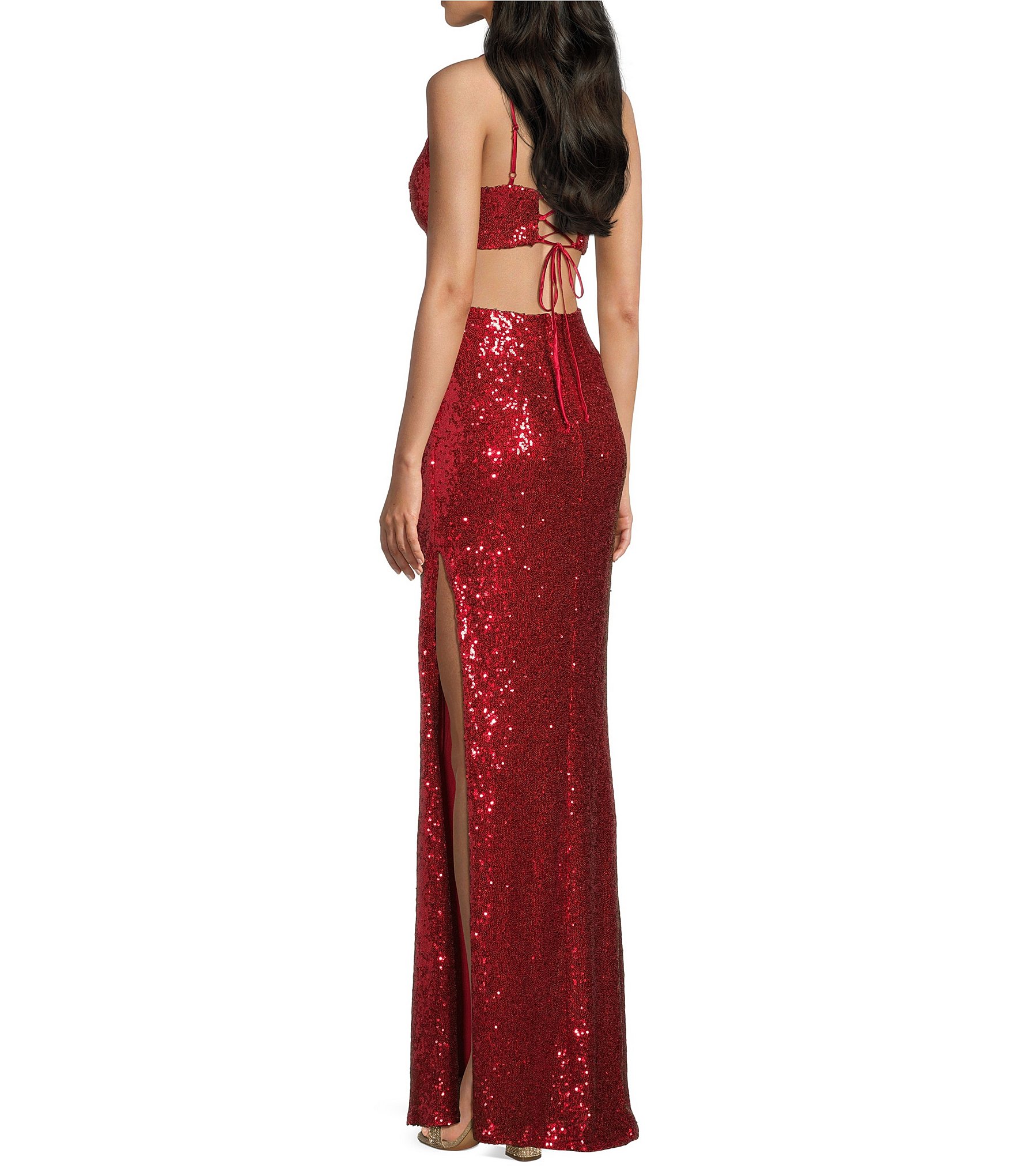Honey and Rosie Sequin Lace-Up Back Cut-Out Long Dress