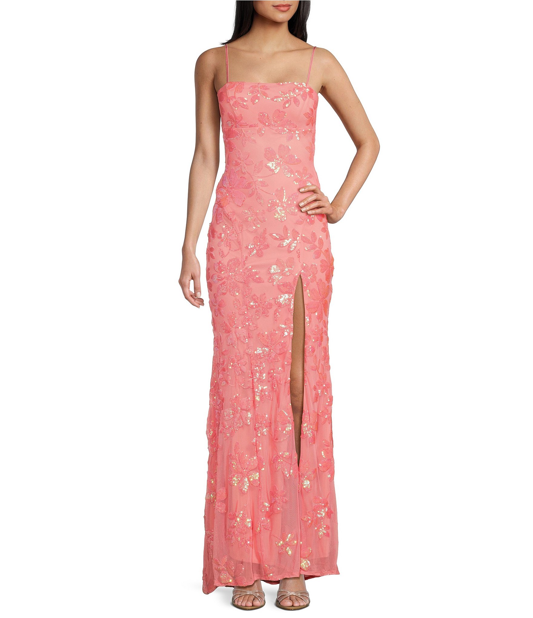 Honey and Rosie Sequin Pattern Front Slit Long Dress | Dillards