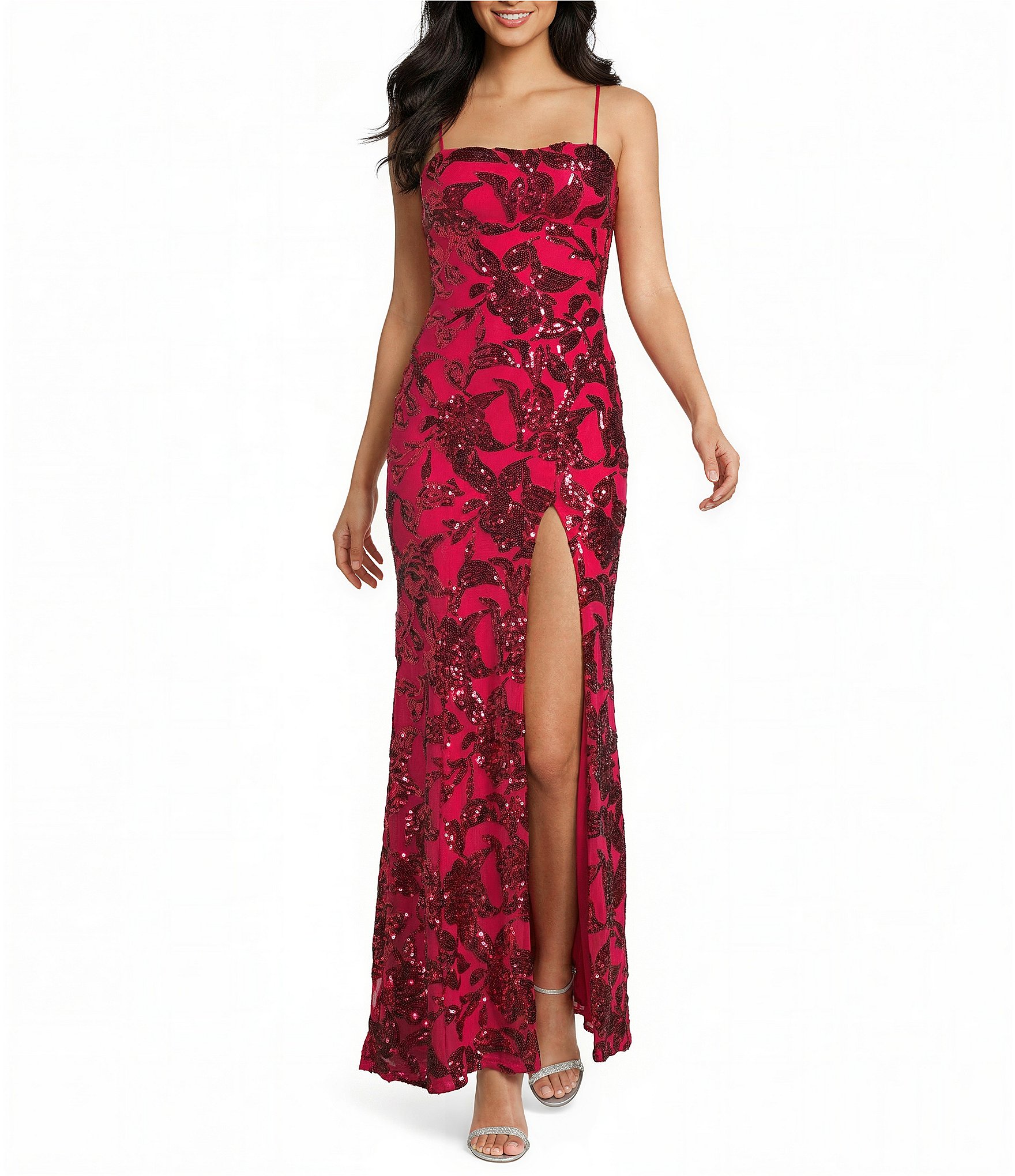 Honey and Rosie Sequin Patterned Straight Neck Side Slit Dress