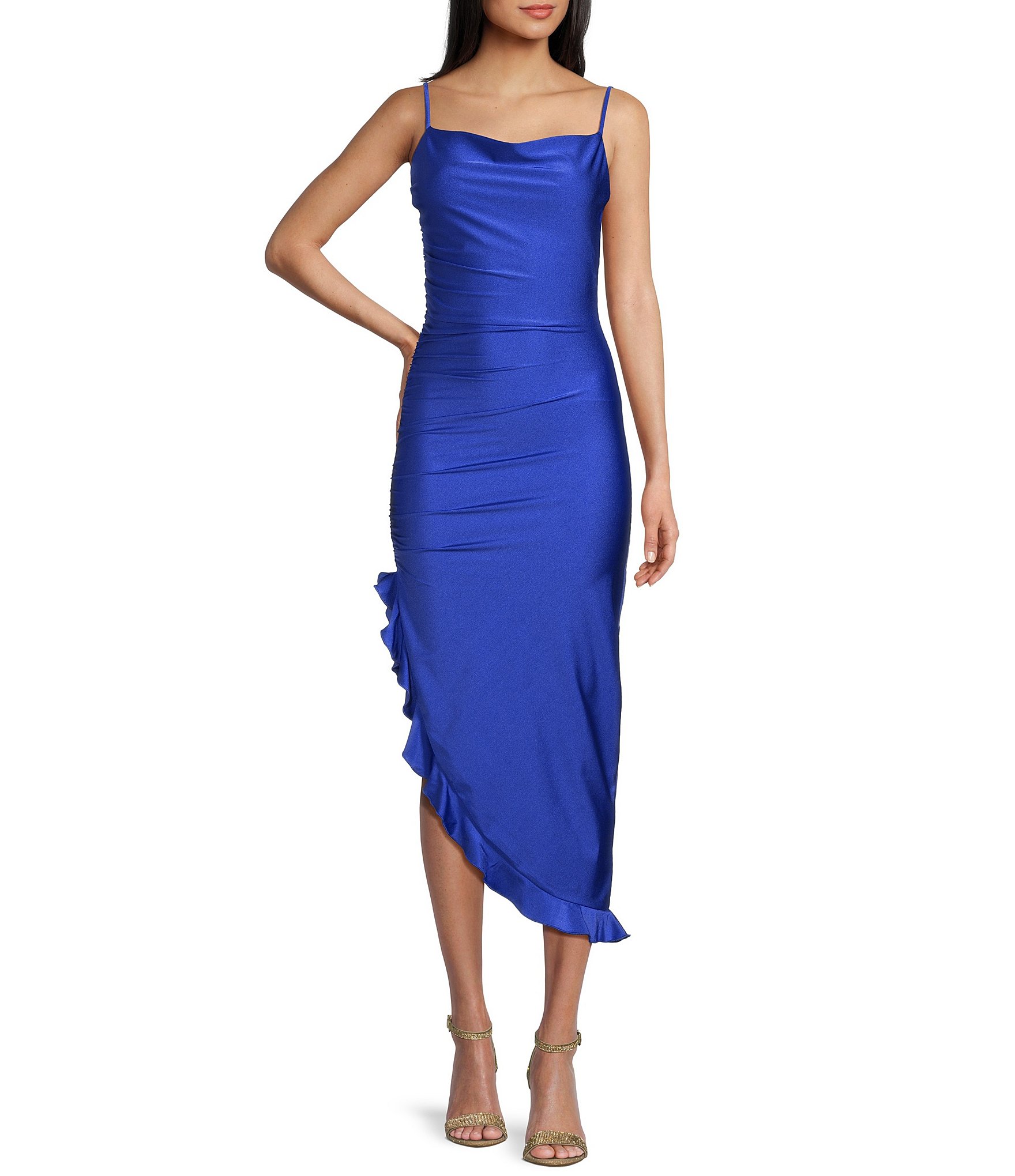 Honey and Rosie Sleeveless A-Symmetrical Ruffle Detail Fitted Midi ...
