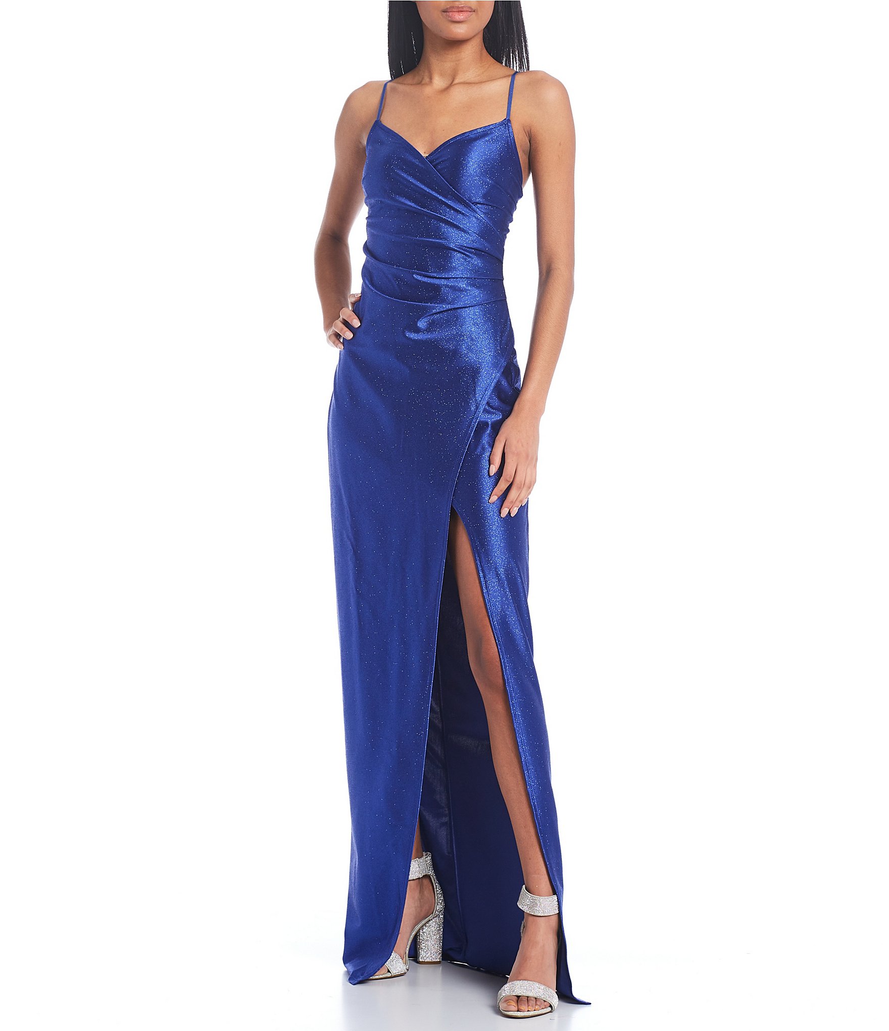 Sleeveless Glitter-Accented Stretch Satin Faux-Wrap Front Slit Long ...