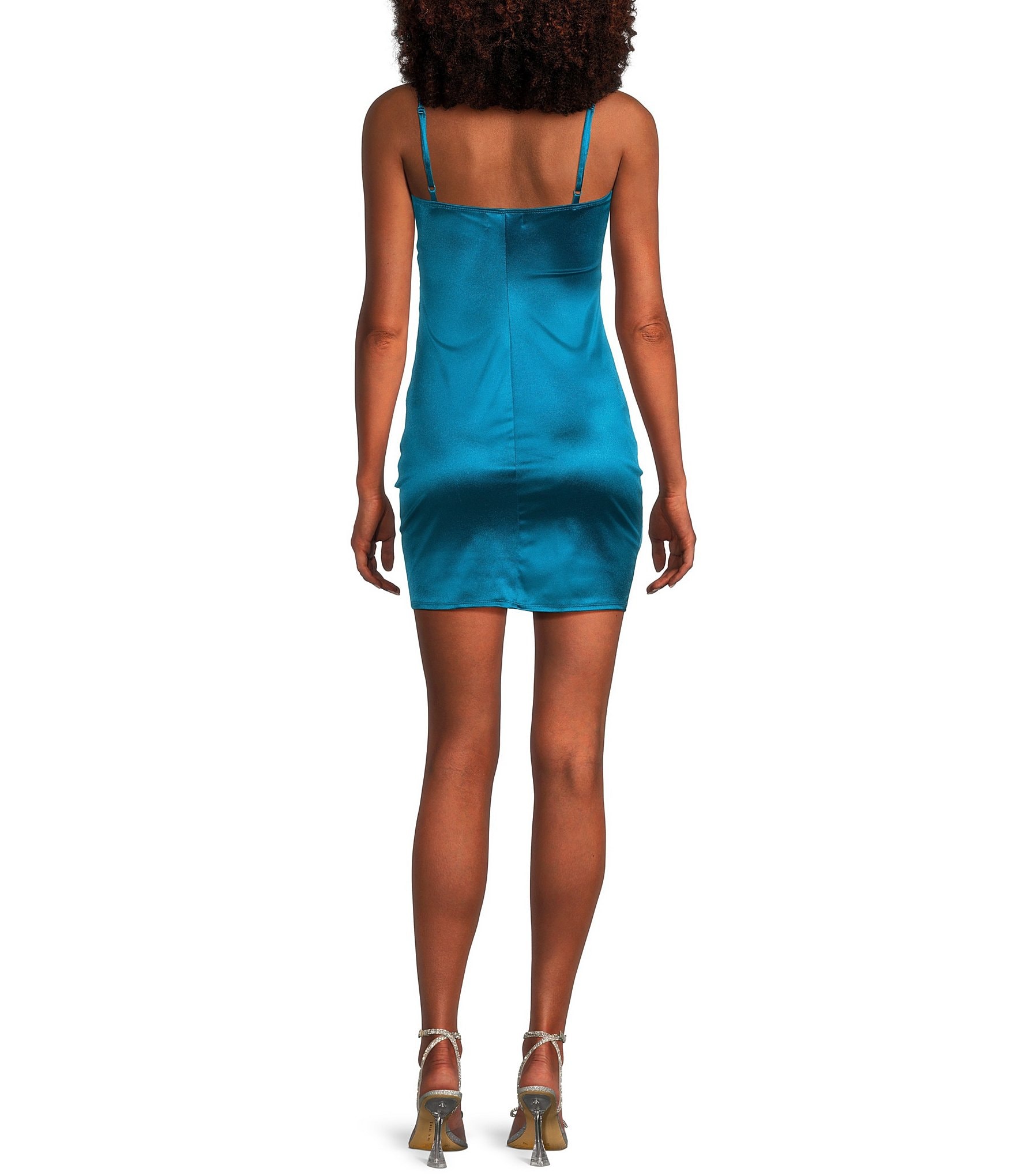 Honey and Rosie Square Neck Faux Wrap Satin Dress