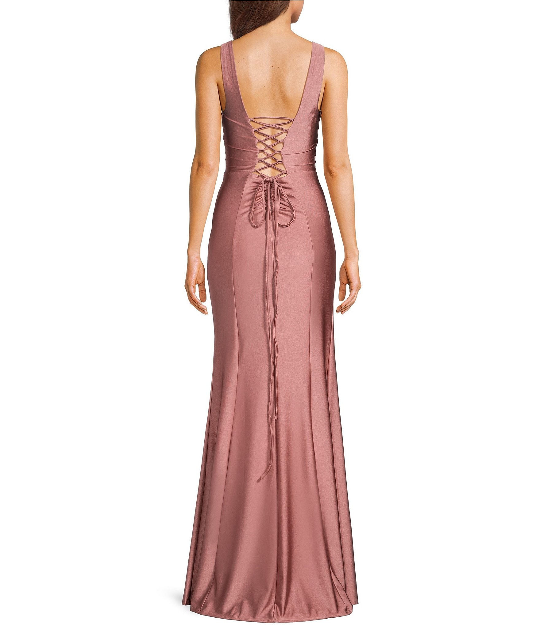 Honey and Rosie V-Neck Corset Pleated Envelope Front Lace Up Back Long Dress