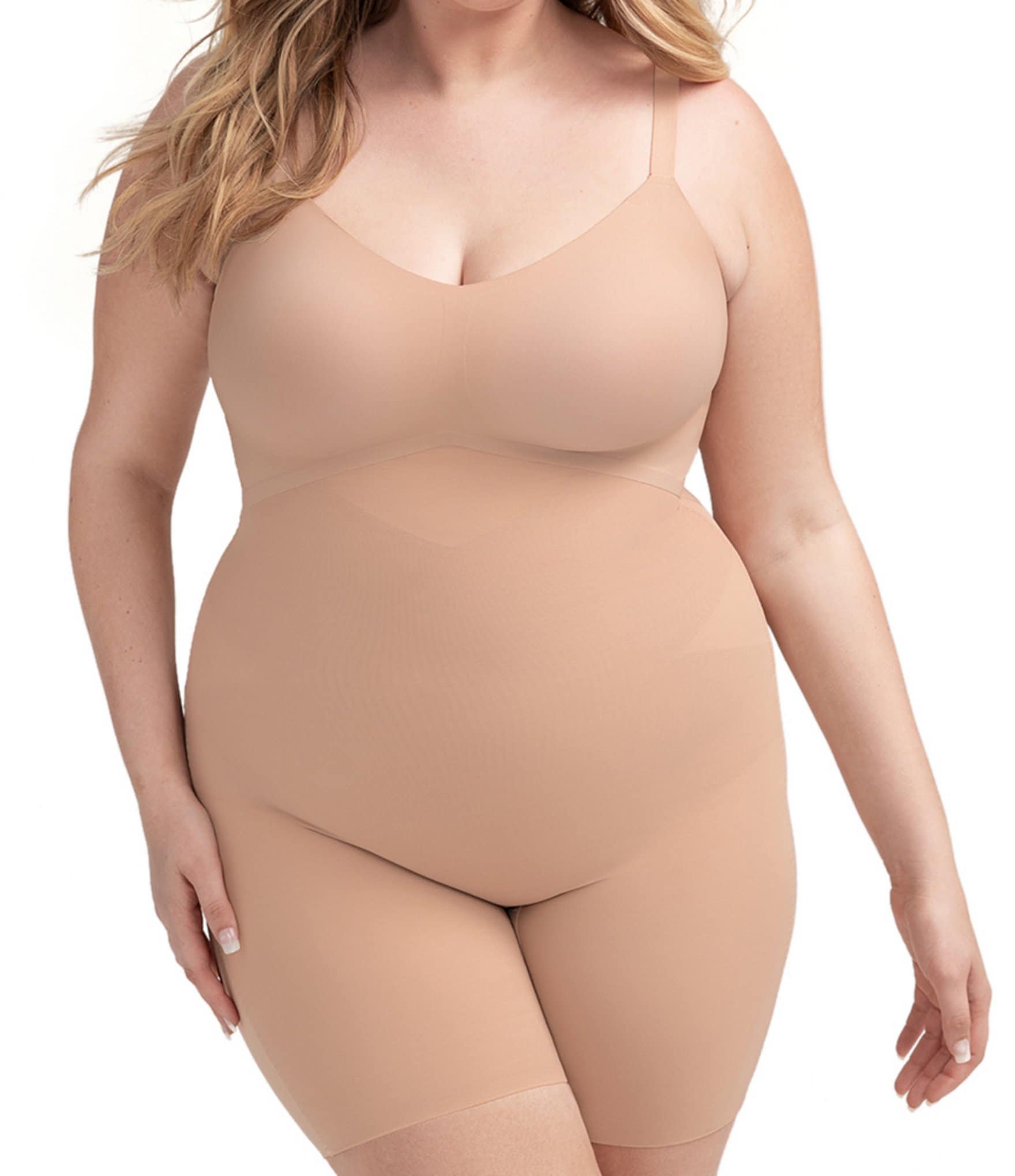 Honeylove Mid-Thigh Sleeveless V-Neck Sculpt Compression Bodysuit