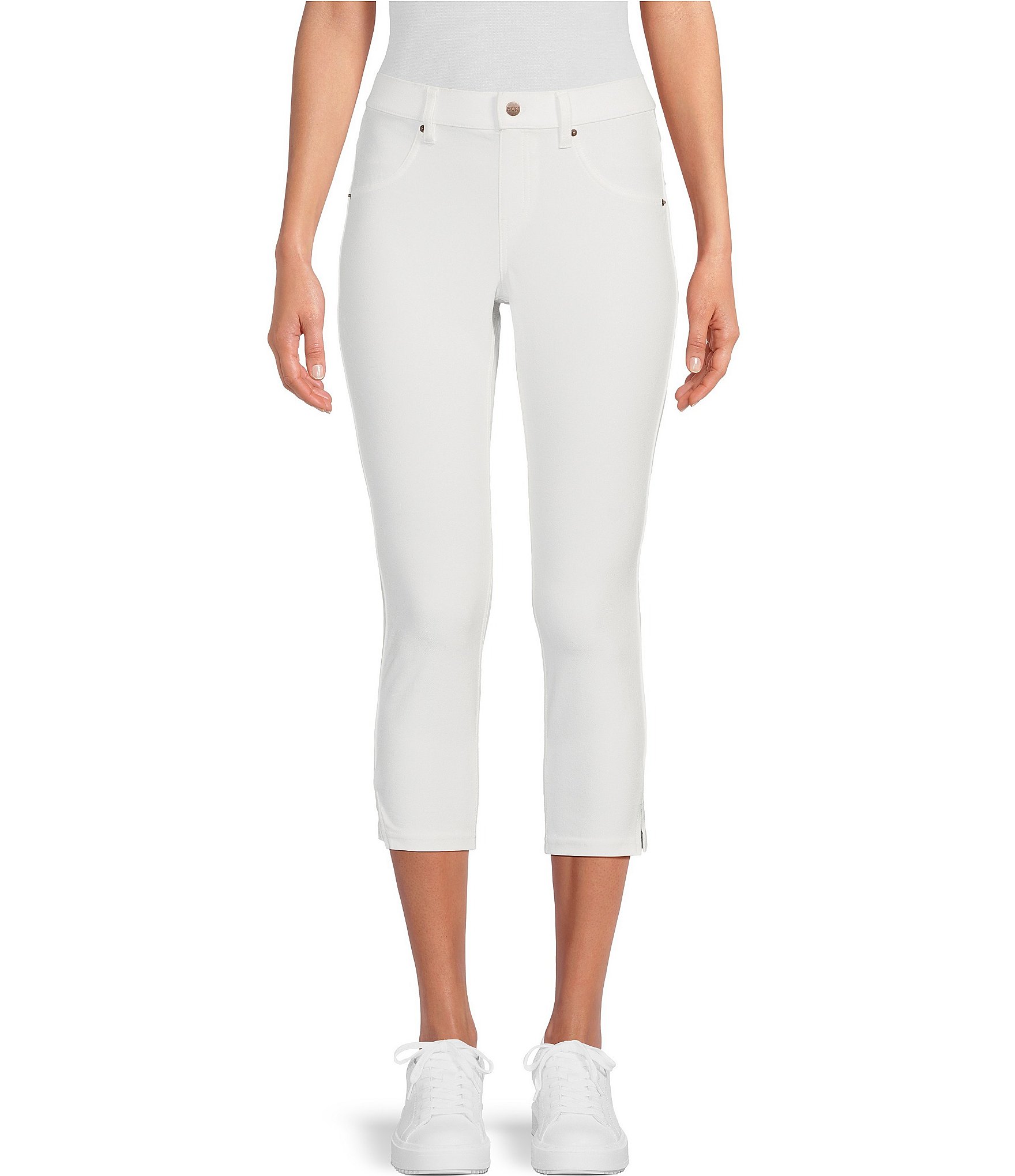 HUE, Pants & Jumpsuits, Hue Womens Wide Waistband Blackout Cotton Capri  Leggings White U2482