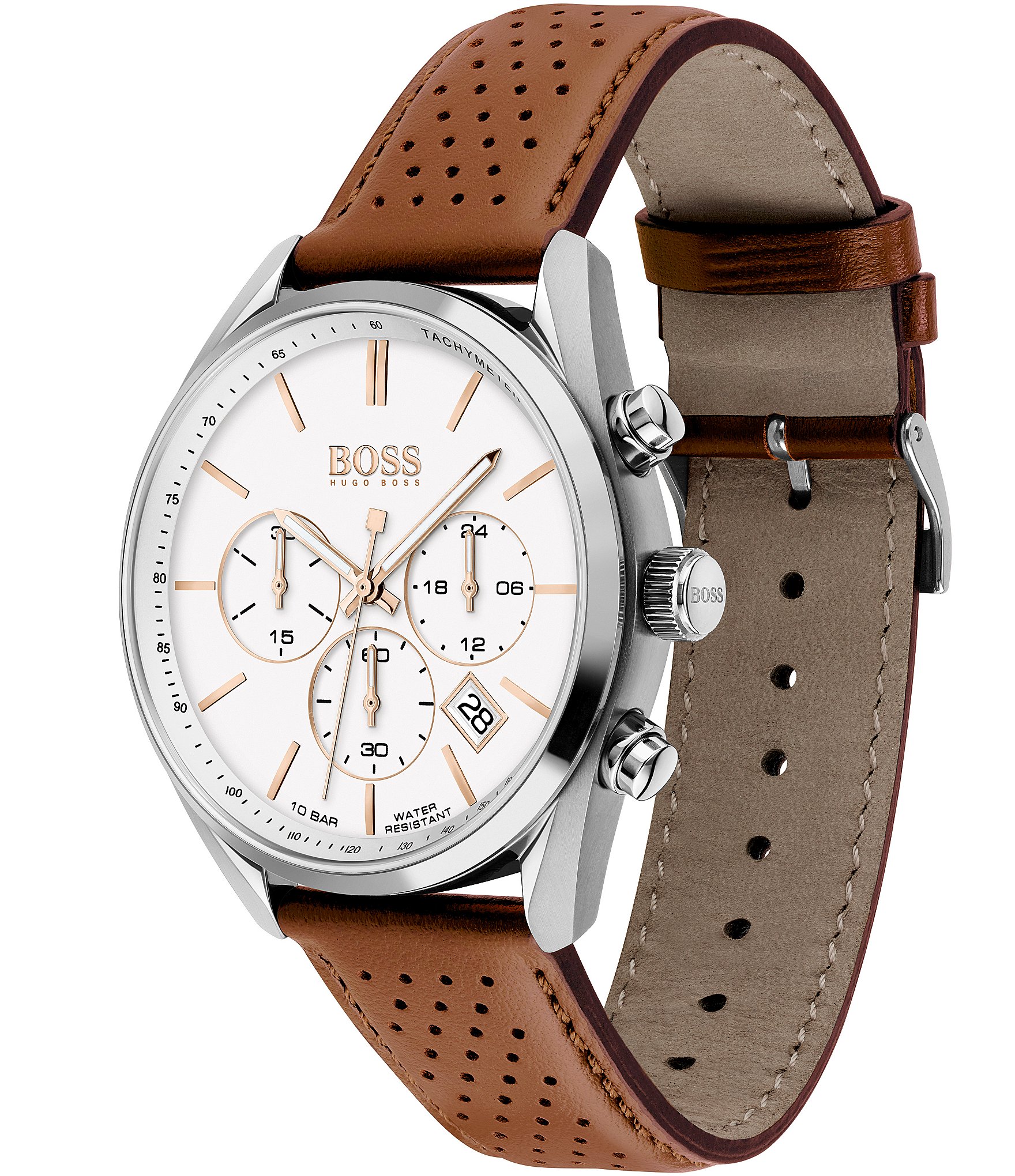 Hugo Boss Men's Chronograph Champion Brown Perforated Leather Strap Watch