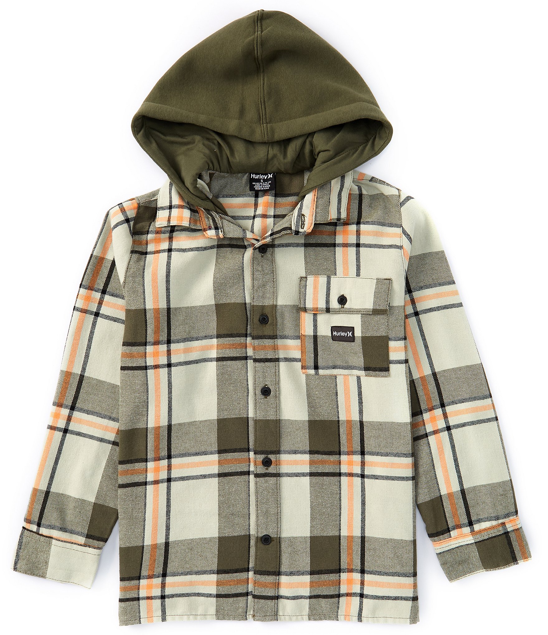 Hurley Big Boys 8-20 Long Sleeve Hooded Plaid Flannel Shirt Jacket