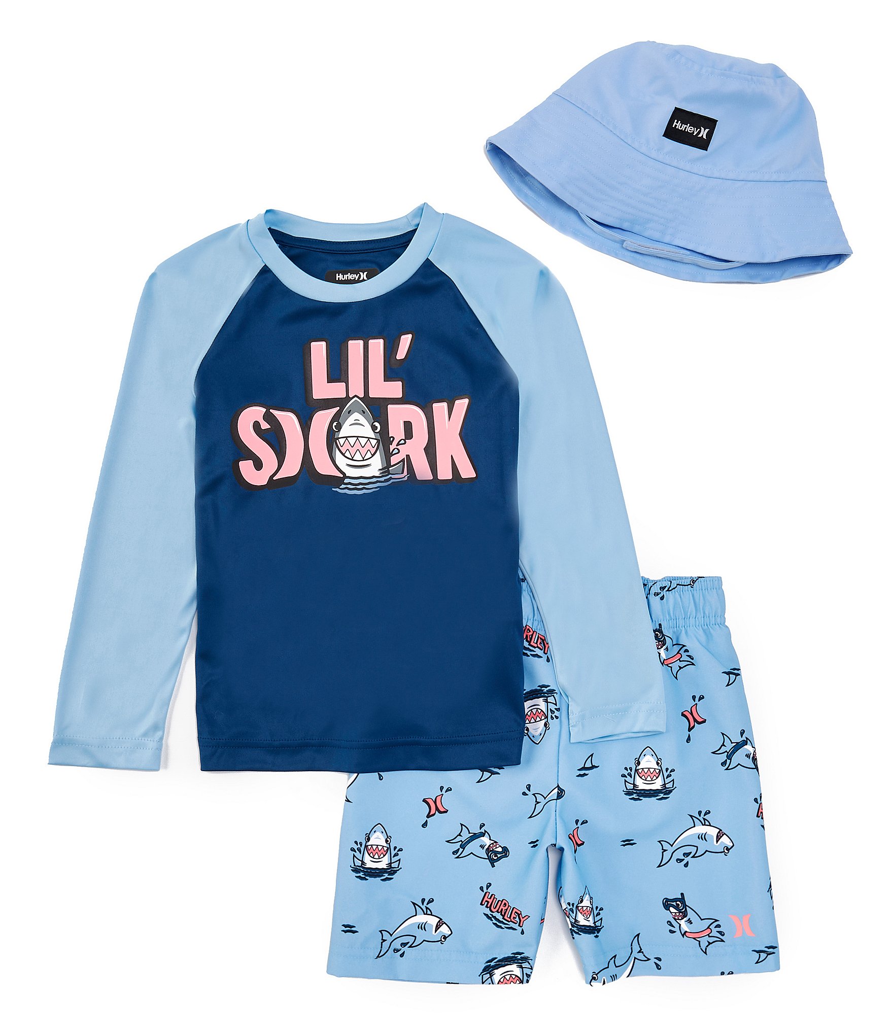 Hurley Little Boys 2T-4T Shark T-Shirt & Bucket Hat 3-Piece Swim Set