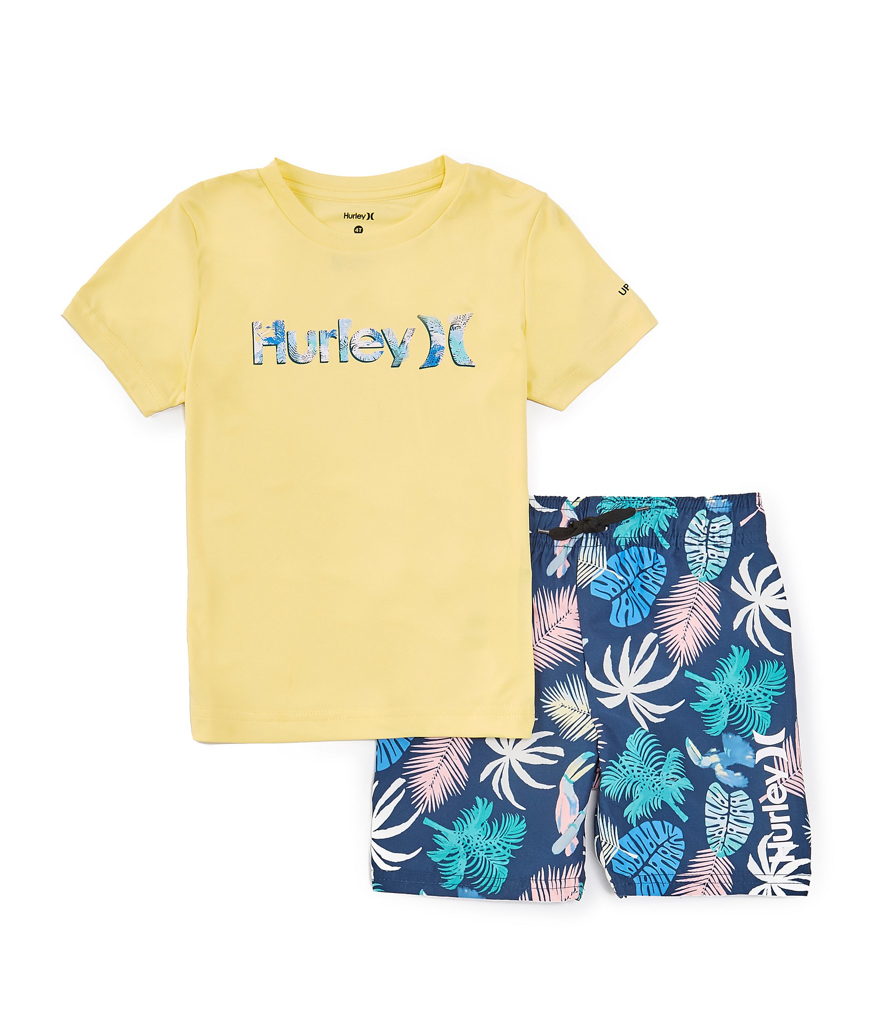 Hurley Little Boys 2T-7 Short Sleeve Printed Logo T-Shirt & Toucan/Palm-Printed Board Shorts