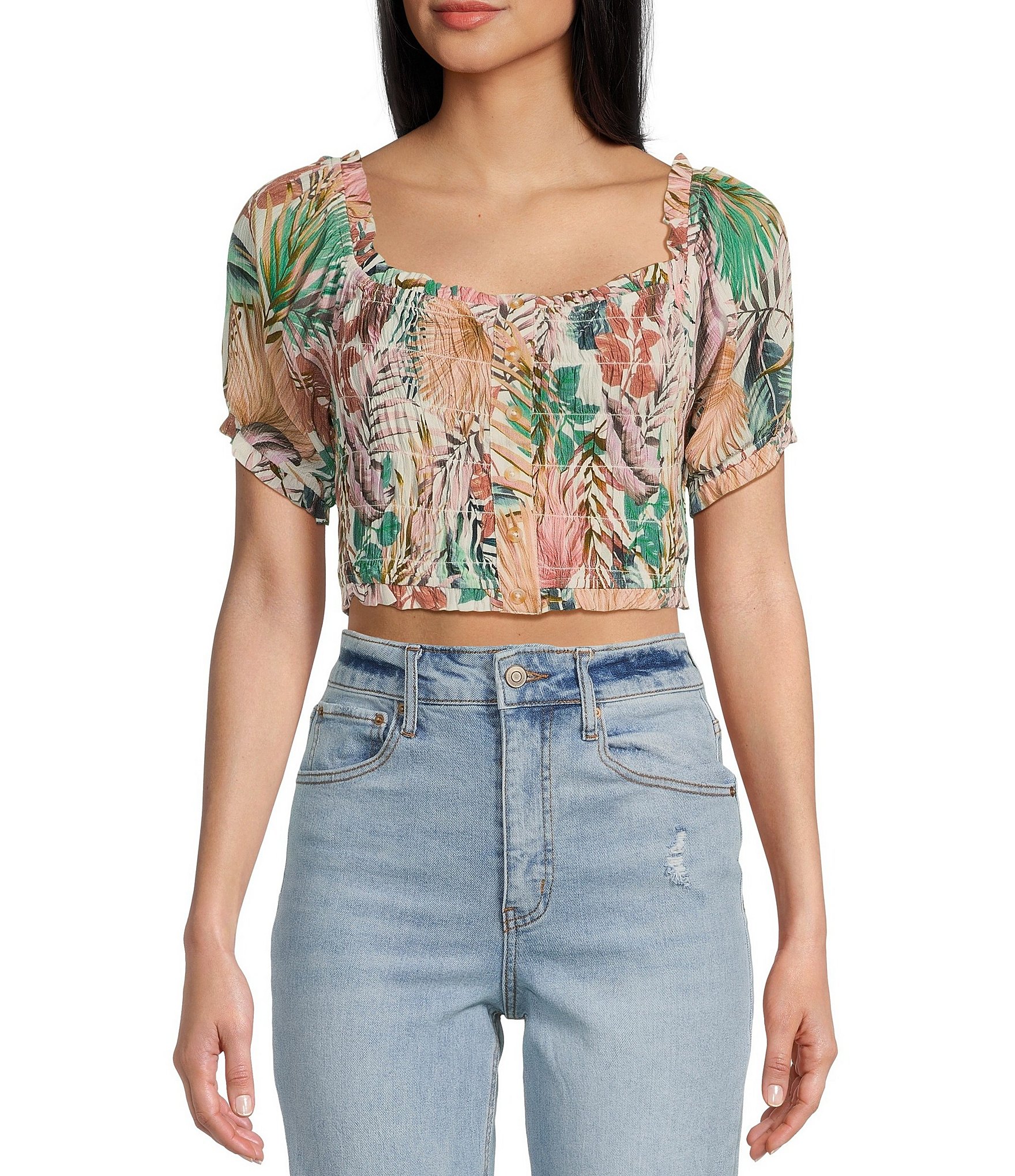 Hurley Palmetto Sunset Floral Print Short Puff Sleeve Smocked Crop