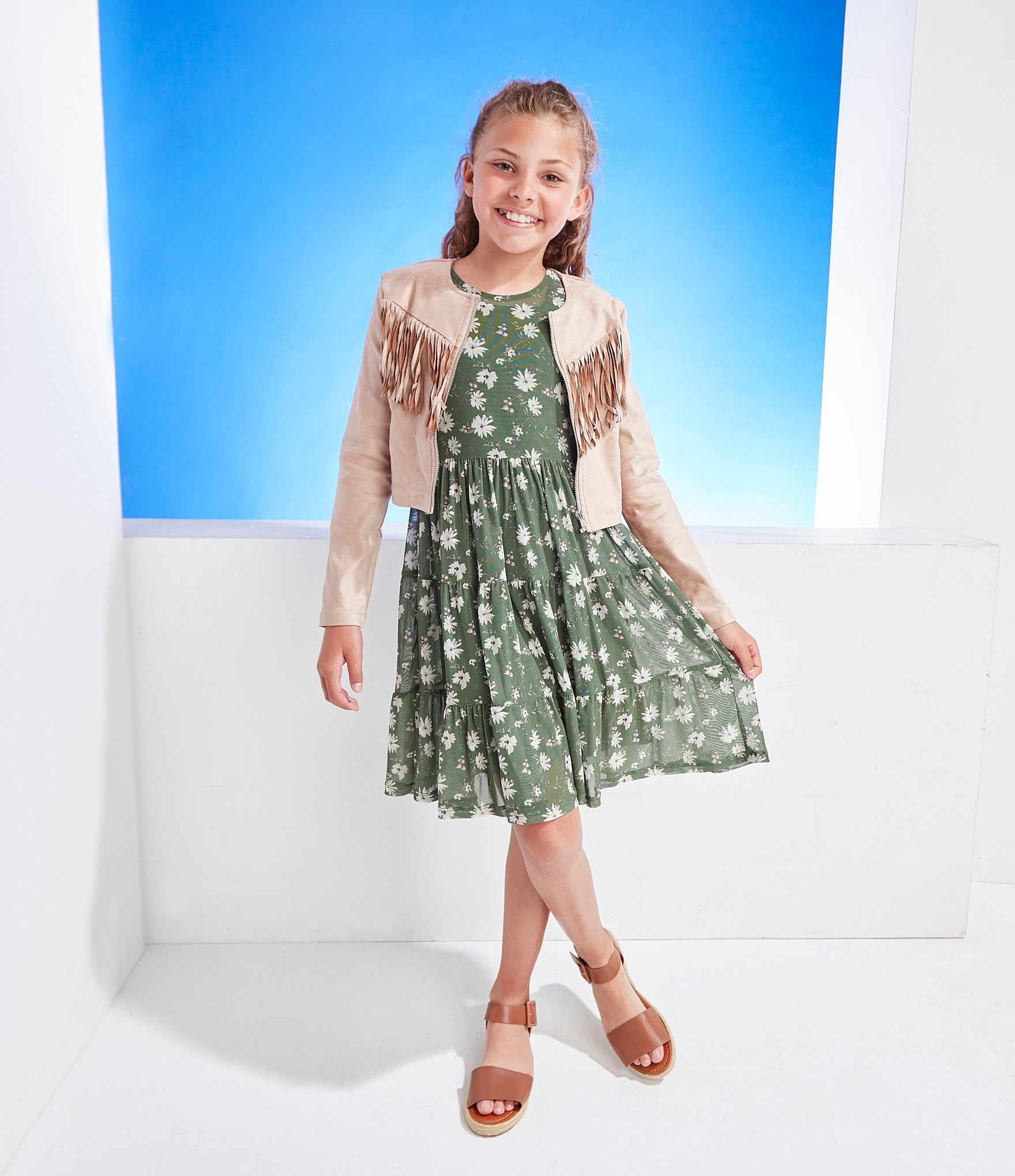 I.N. Girl Big Girls 7-16 Long-Sleeve Solid Fringed Jacket, Printed Dress & Slip Set