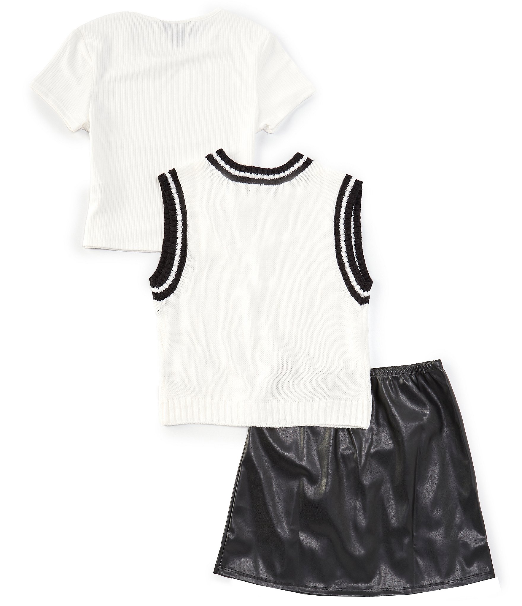 I.N. Girl Big Girls 7-16 Sleeveless Cable-Knit Sweater Vest, Short-Sleeve T-Shirt & Pleated Faux-Leather Skirt Set