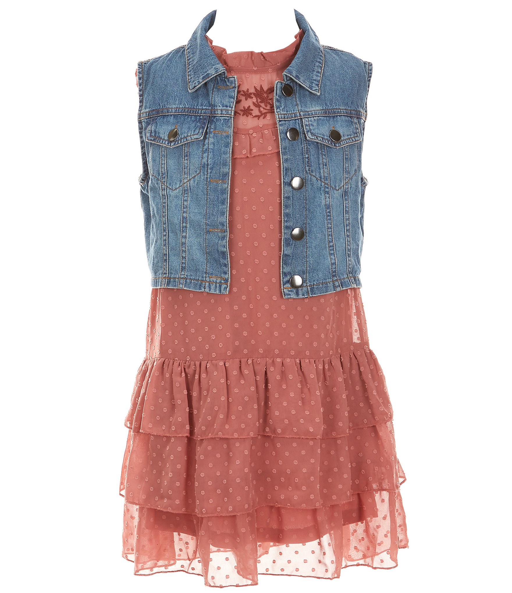 I.N. Girl Big Girls 7-16 Sleeveless Denim Vest & Sleeveless Tonal Printed Embroidered-Yoke Drop-Waist Dress