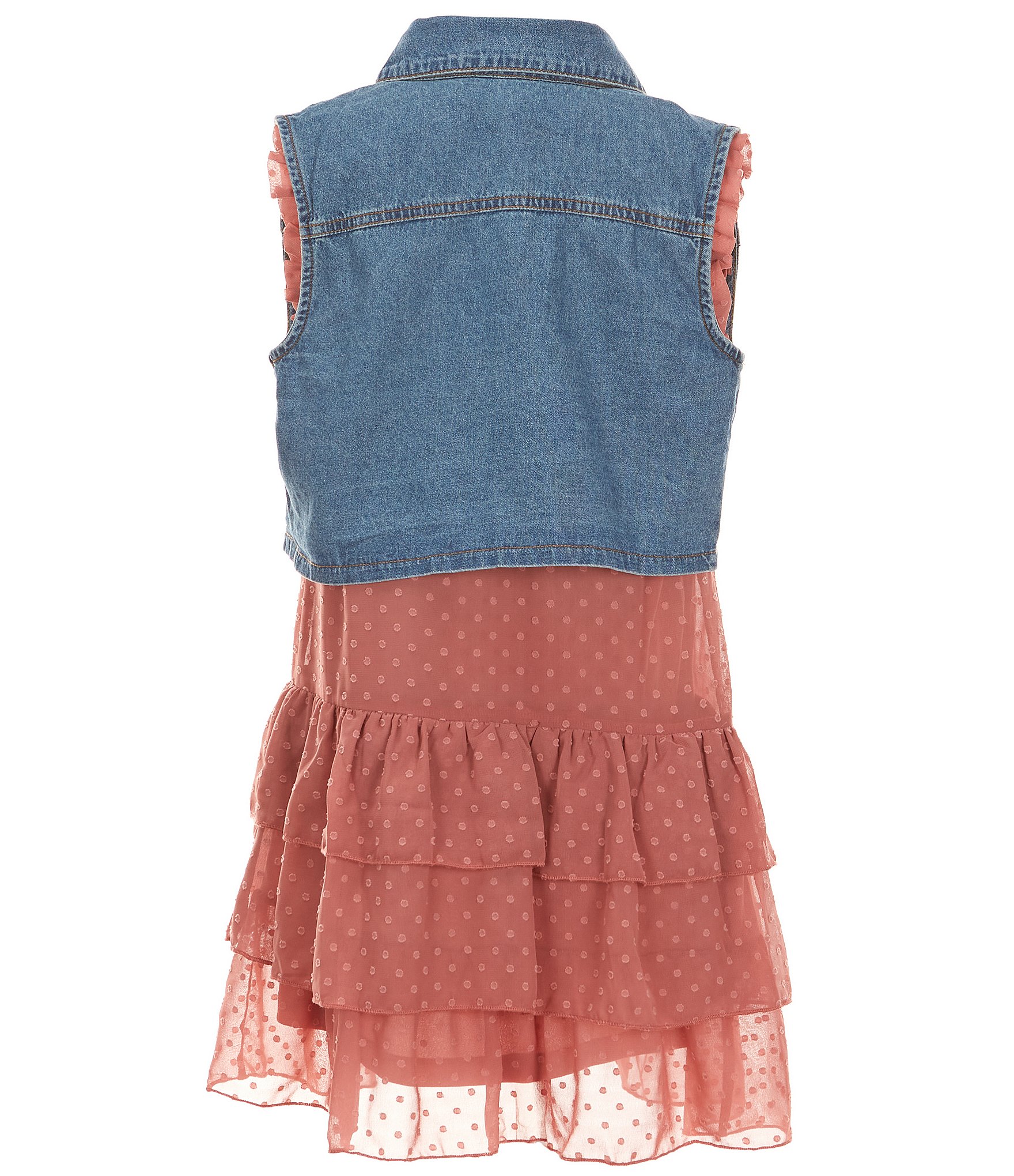 I.N. Girl Big Girls 7-16 Sleeveless Denim Vest & Sleeveless Tonal Printed Embroidered-Yoke Drop-Waist Dress