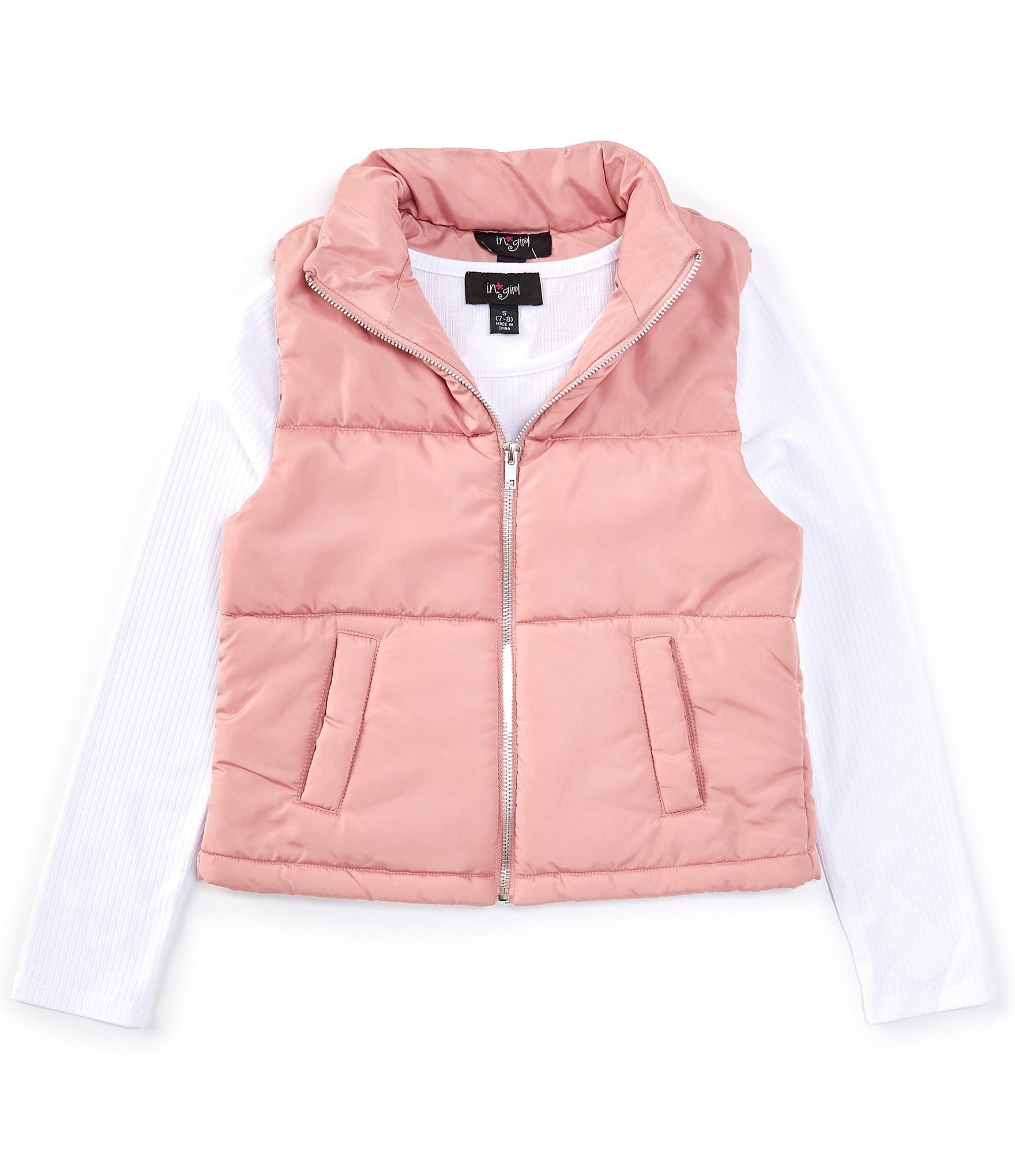 I.N. Girl Big Girls 7-16 Sleeveless Puffer Vest & Solid Long-Sleeve Solid Rib-Knit Top