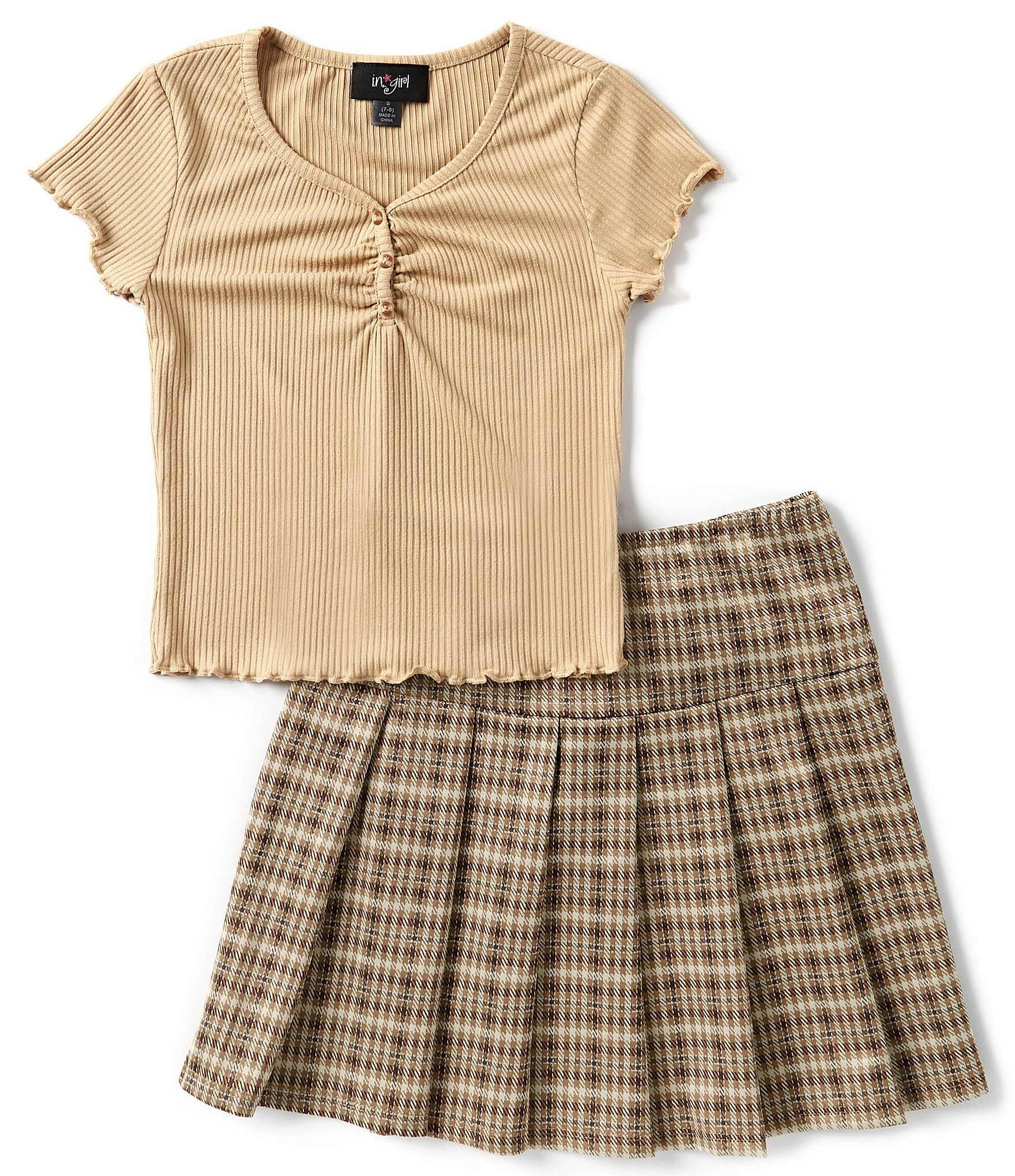 I.N. Girl Big Girls 7-16 Solid Short Sleeve Cropped Henley T-Shirt & Plaid Skirt Set