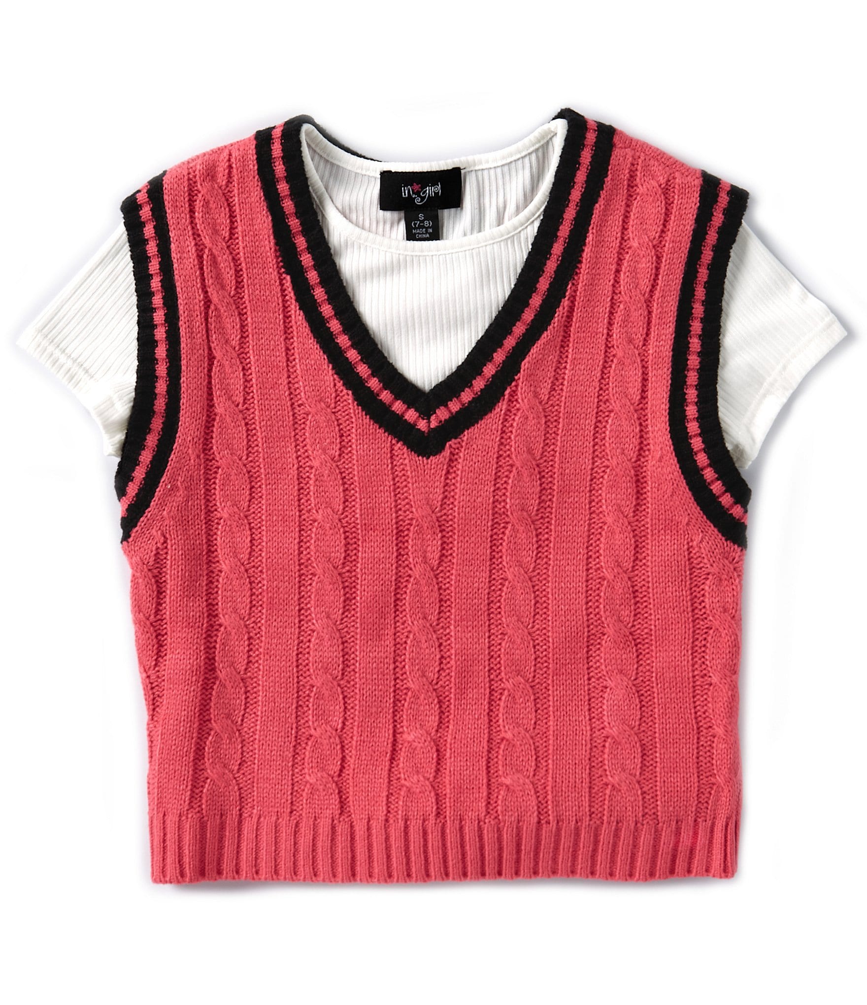 I.N. Girl Big Girls 7-16 Ticking-Striped-Trim Cable-Stitched Sweater Vest & Solid Short-Sleeve Knit T-Shirt Set