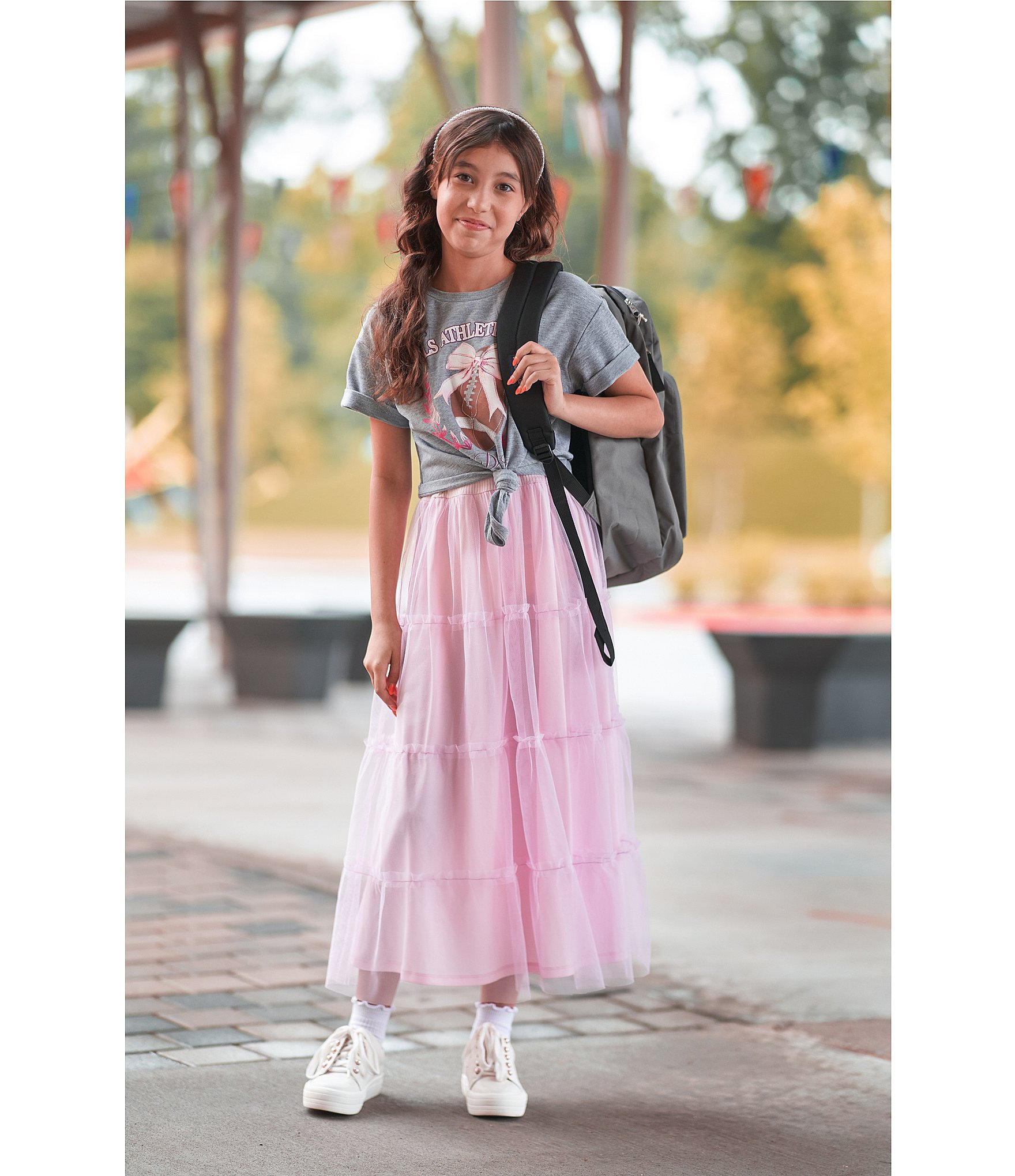 I.N. Girl Big Girls Short Sleeve Tie Front Screened Popover & Maxi Dress With Tiered Skirt Set