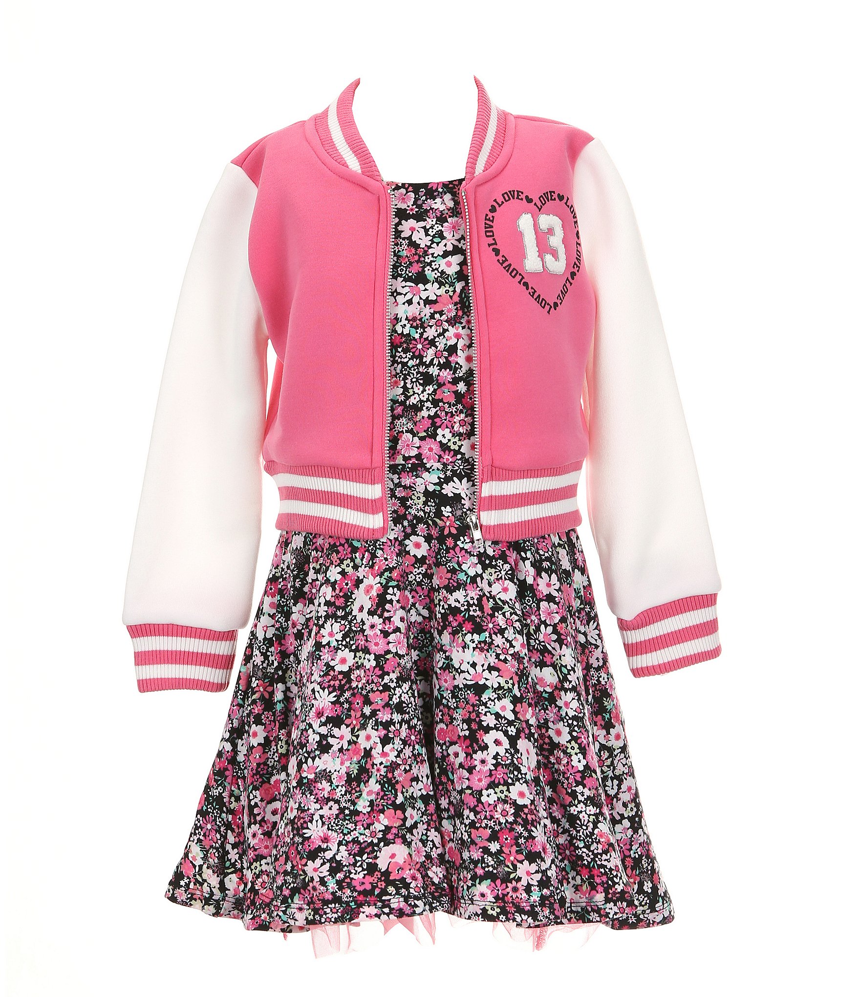 I.N. Girl Little Girls 4-6X Long Sleeve Color Block Letterman Jacket & Sleeveless Floral-Printed Fit & Flare Dress Set