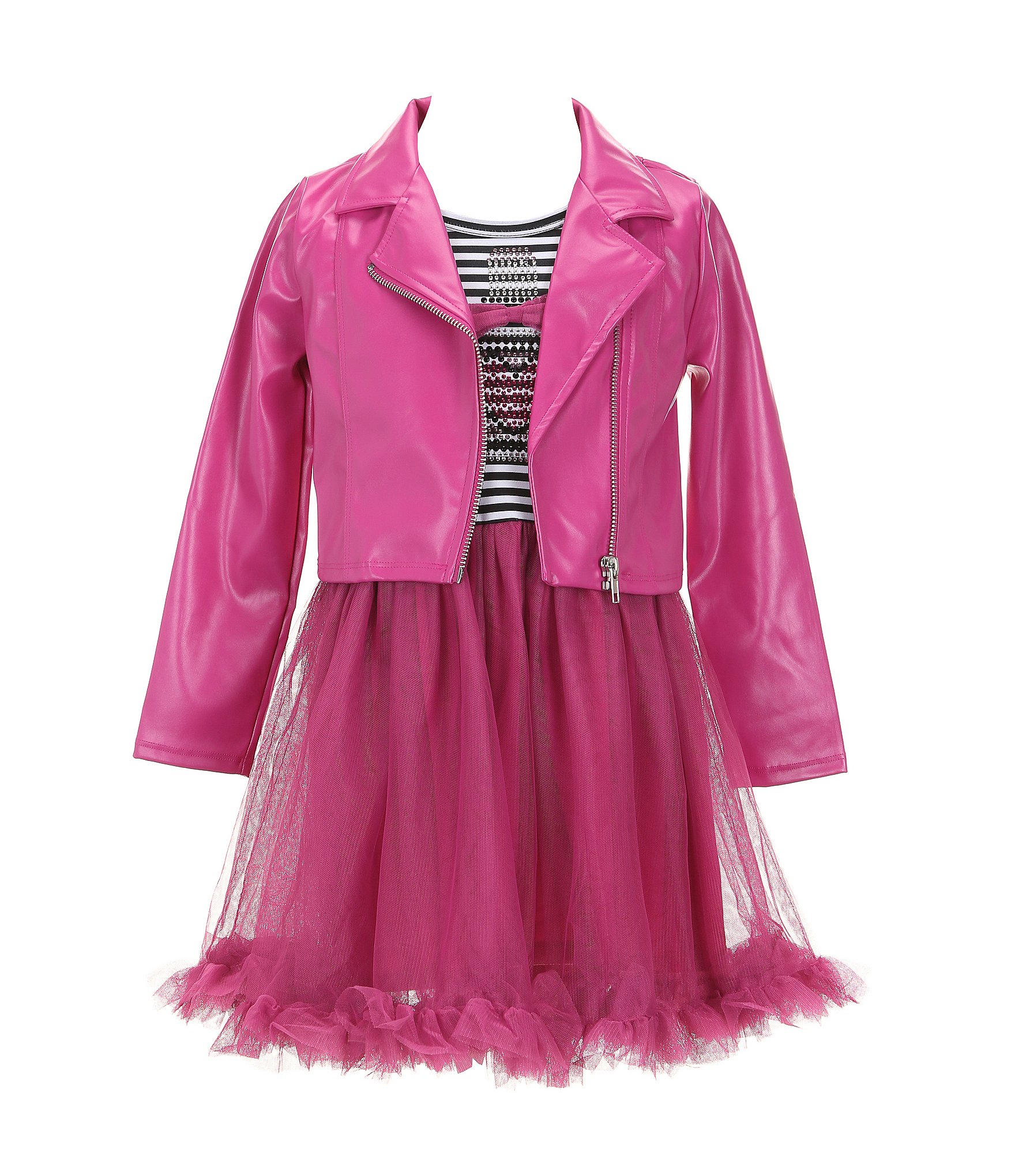 I.N. Girl Little Girls 4-6X Long Sleeve Solid Motorcycle Jacket & Short-Sleeve Striped/Solid Fit & Flare Dress