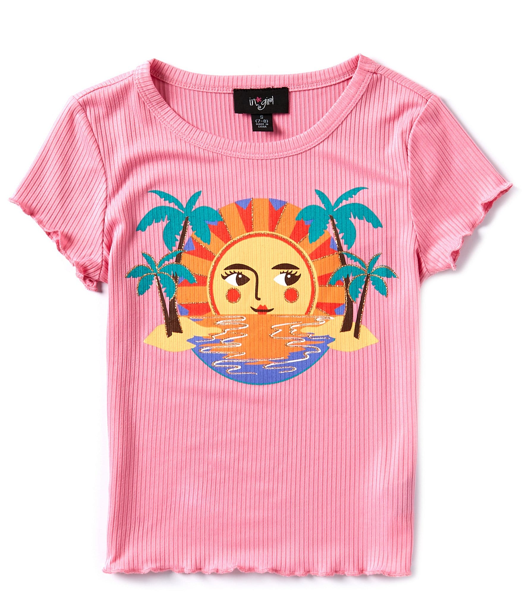 I.N. San Francisco Big Girls 7-16 Palms & Sun Rib-Knit Graphic T-Shirt