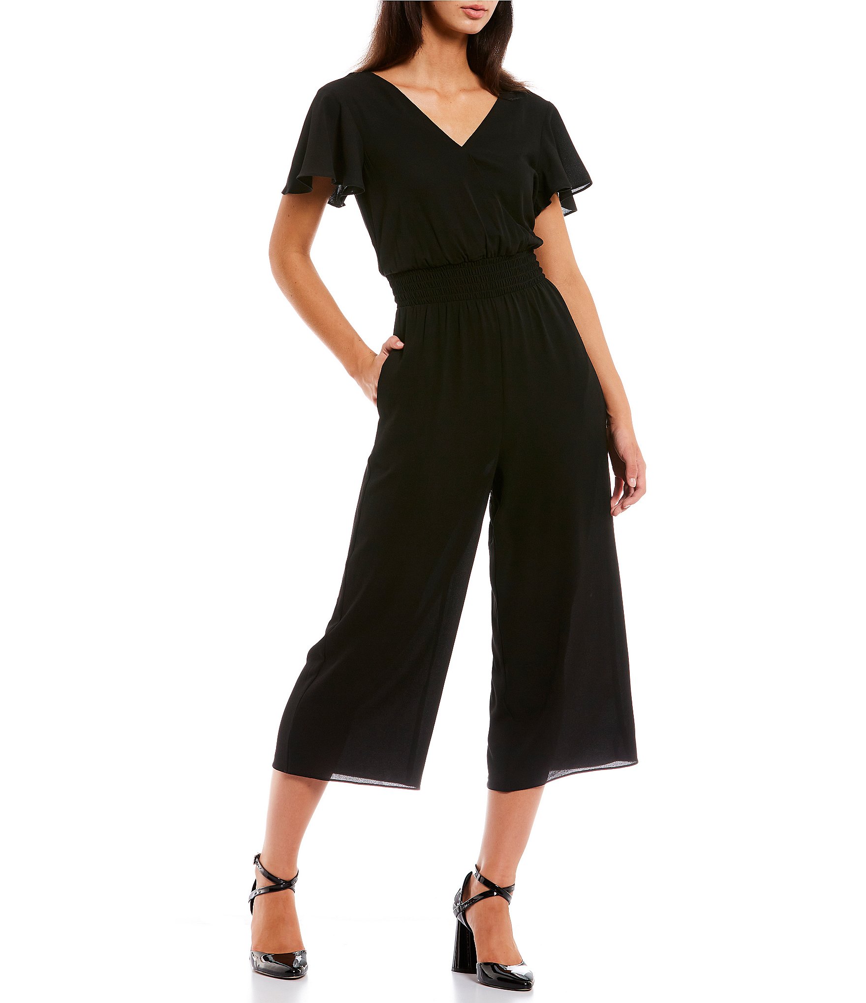 Short Sleeve Stretch Crepe Jumpsuit with Open Back