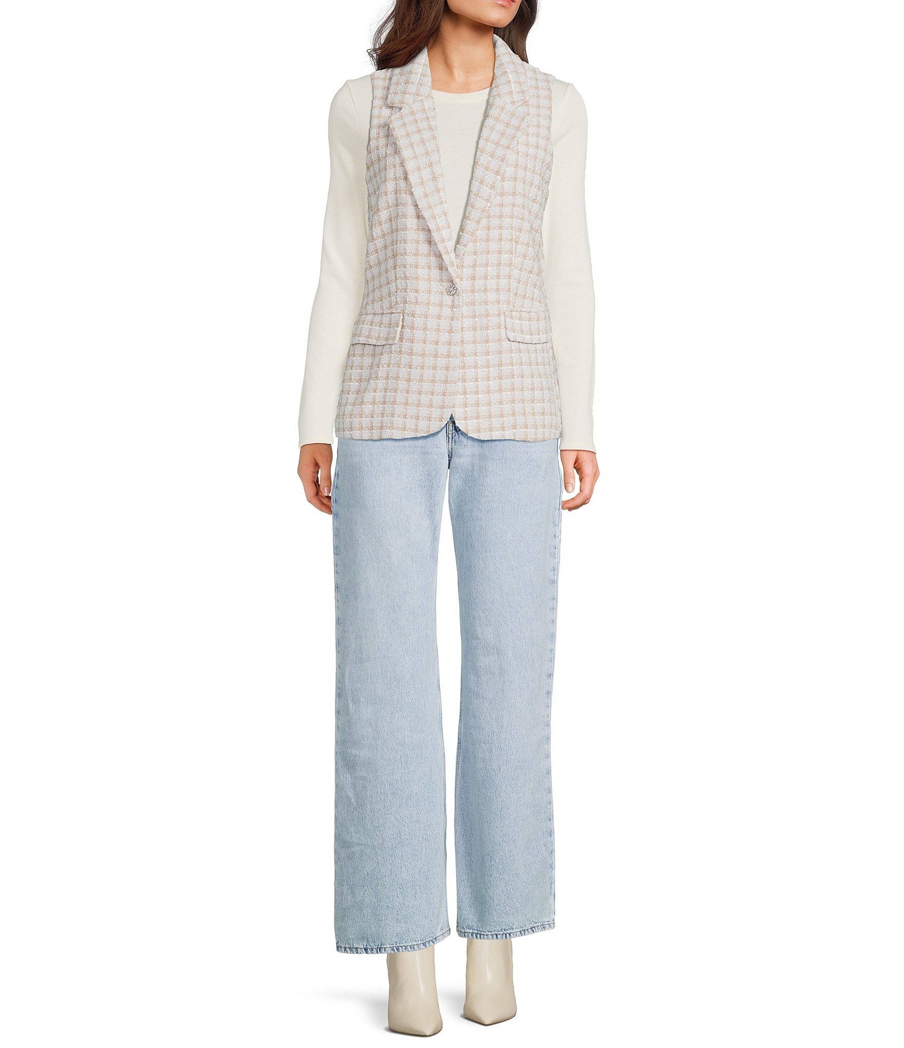 I.N. San Francisco Check Boucle Button Front Suiting Vest