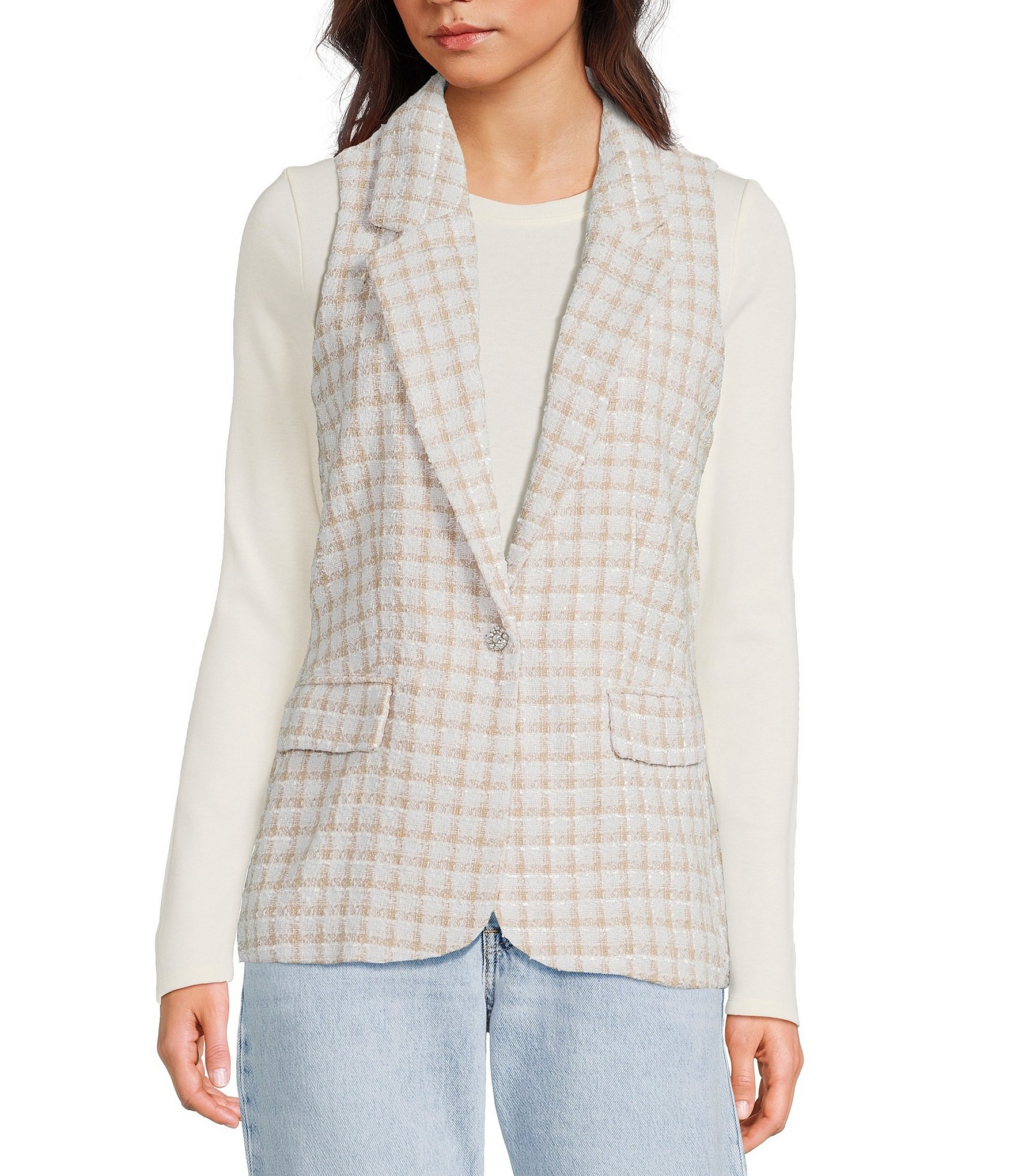 I.N. San Francisco Check Boucle Button Front Coordinating Suiting Vest