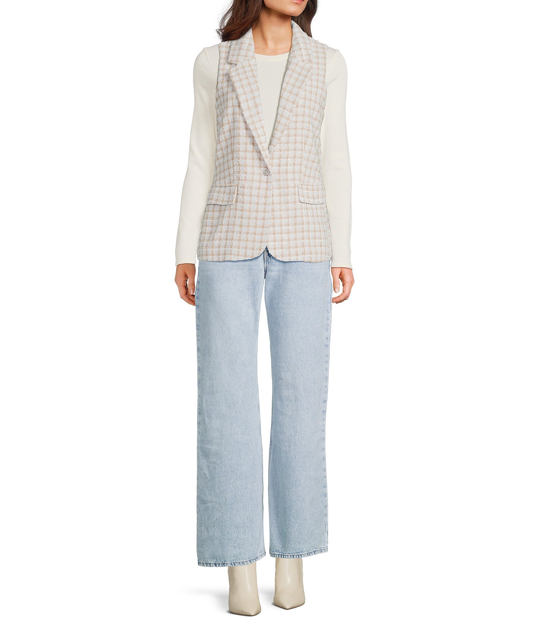 I.N. San Francisco Check Boucle Button Front Coordinating Suiting Vest